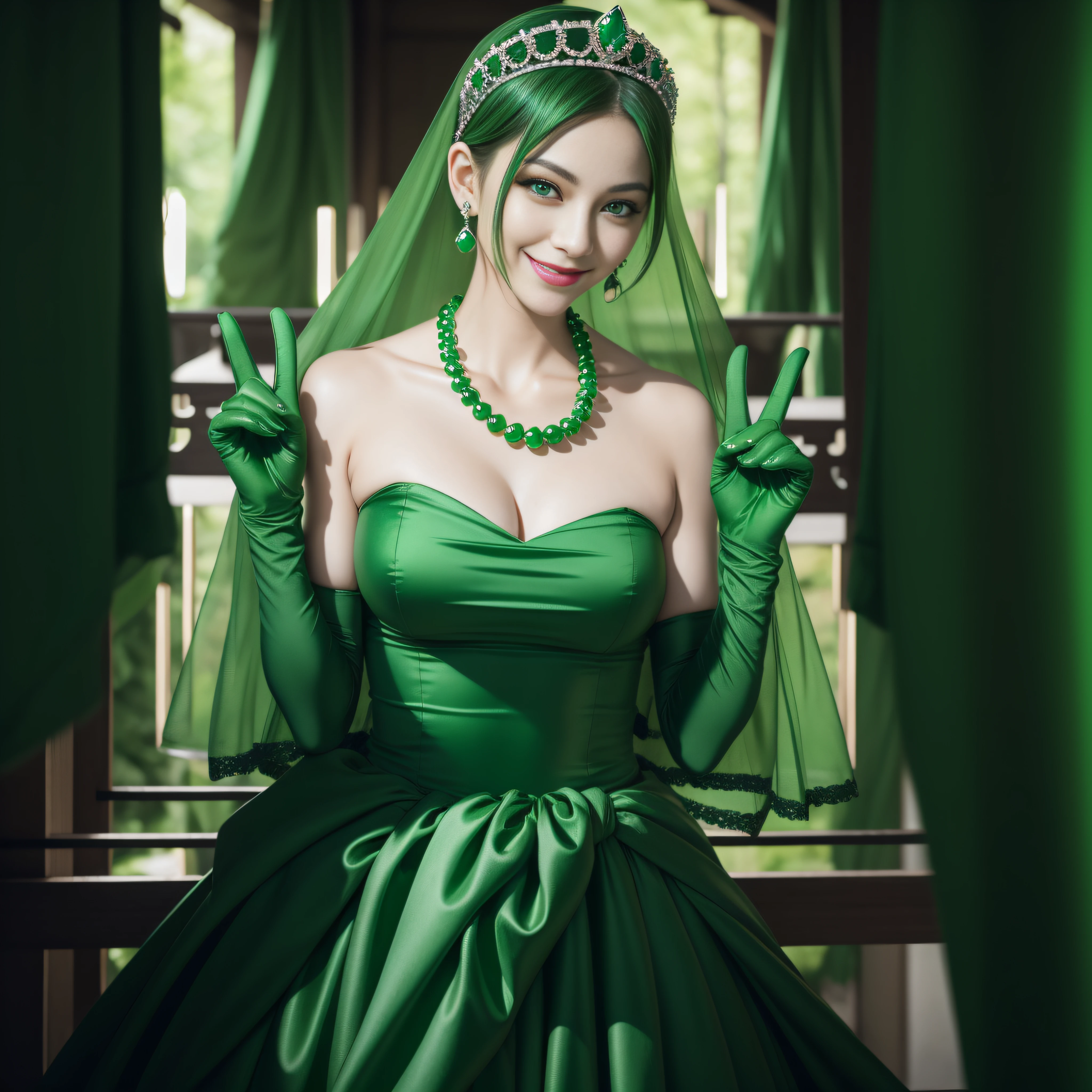 emerald tiara, Green Pearl Necklace, Boyish very short green hair, lipsticks, Japan woman smiling, very short short hair, big breasts beautiful, Green eyes, Long green gloves made of satin material, Green eyes, Emerald Earrings, green vale, v sign