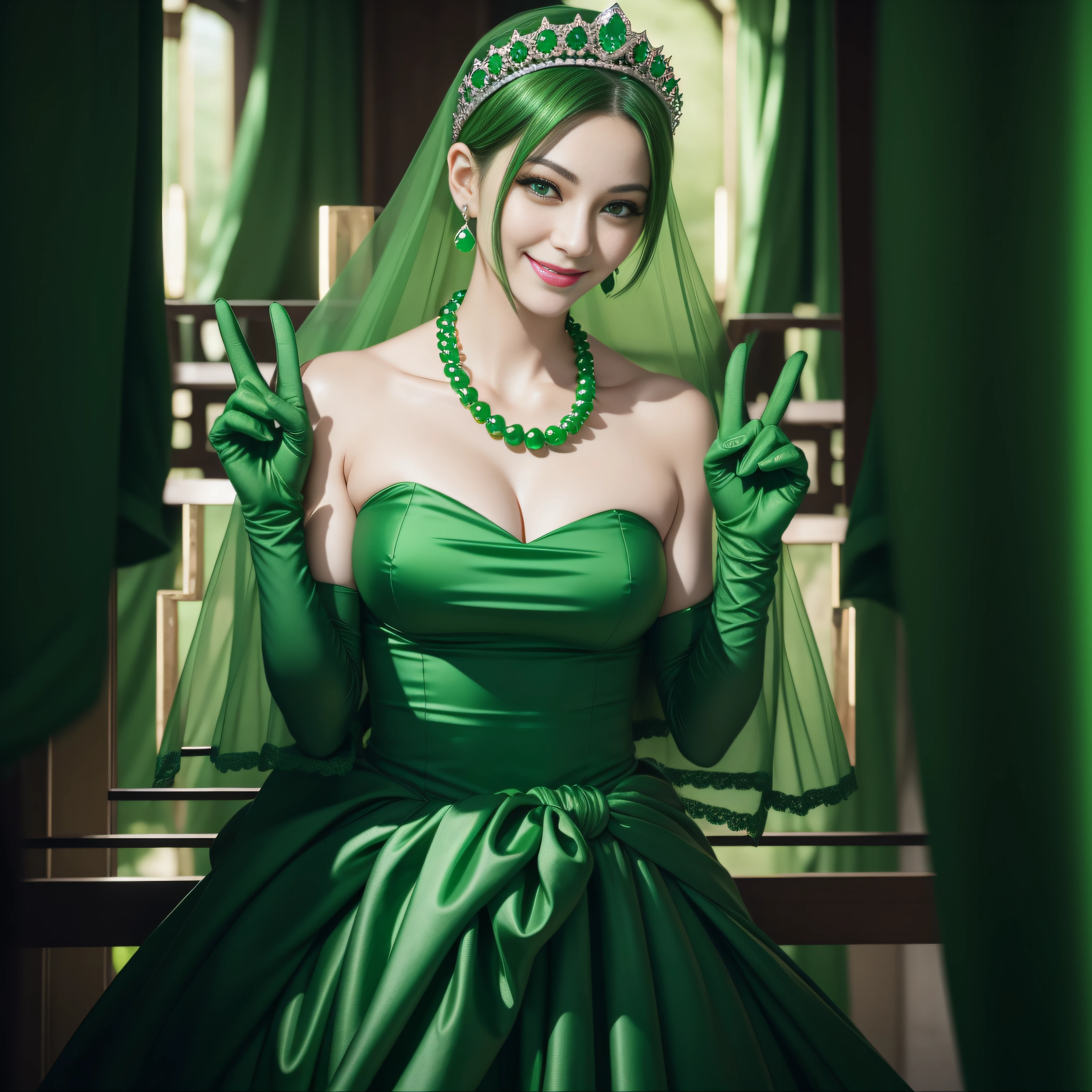 emerald tiara, Green Pearl Necklace, Boyish very short green hair, lipsticks, Japan woman smiling, very short short hair, big breasts beautiful, Green eyes, Long green gloves made of satin material, Green eyes, Emerald Earrings, green vale, v sign