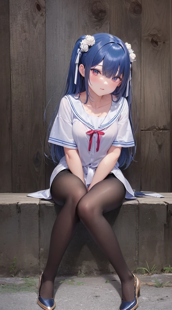 masterpiece level, Highest Quality, Little Lori, White sailor suit, small leather shoes, double ponytails, Seated, Full body, ((Cute), Sexy, Long blue hair, Large, Super see-through, (thighband pantyhose, White pantyhose: 1.3), Miniskirt, (Textured skin, Anatomically correct, masutepiece, nffsw, ccurate, high details, Super Detail, High quality, Best Quality, hight resolution, 1080p)),Outdoors,(,Skin glow,Skin type:1.6)(), (Lori), (Fair skin, (Beautiful Girl: 1.5), (Skin type: 1.5), ( Glossy skin: 1.3), (Beautiful Girl), (Great body), Short hair, (Straight hair), (Blue hair)), hair with beautiful details]