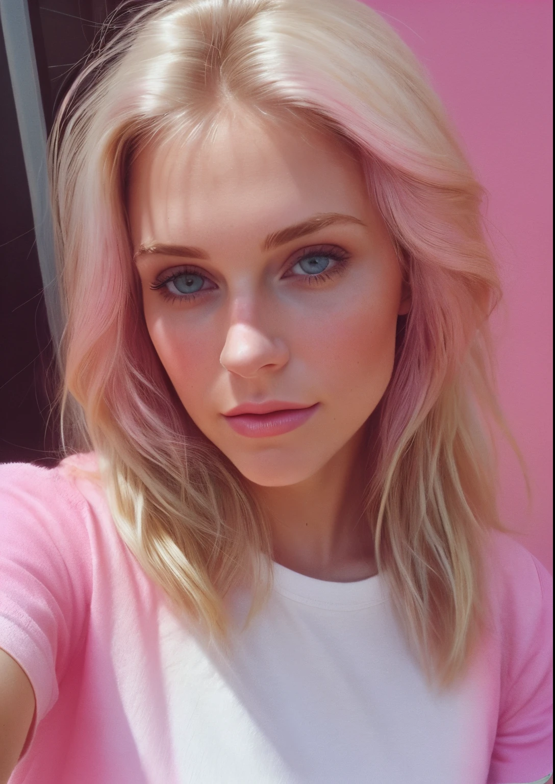 ((taken with iPhone camera))+(selfie)+(medium shot)+(a beautiful young woman)+(pink+blonde+ombre:1.3)+(grain film)+(medium quality)