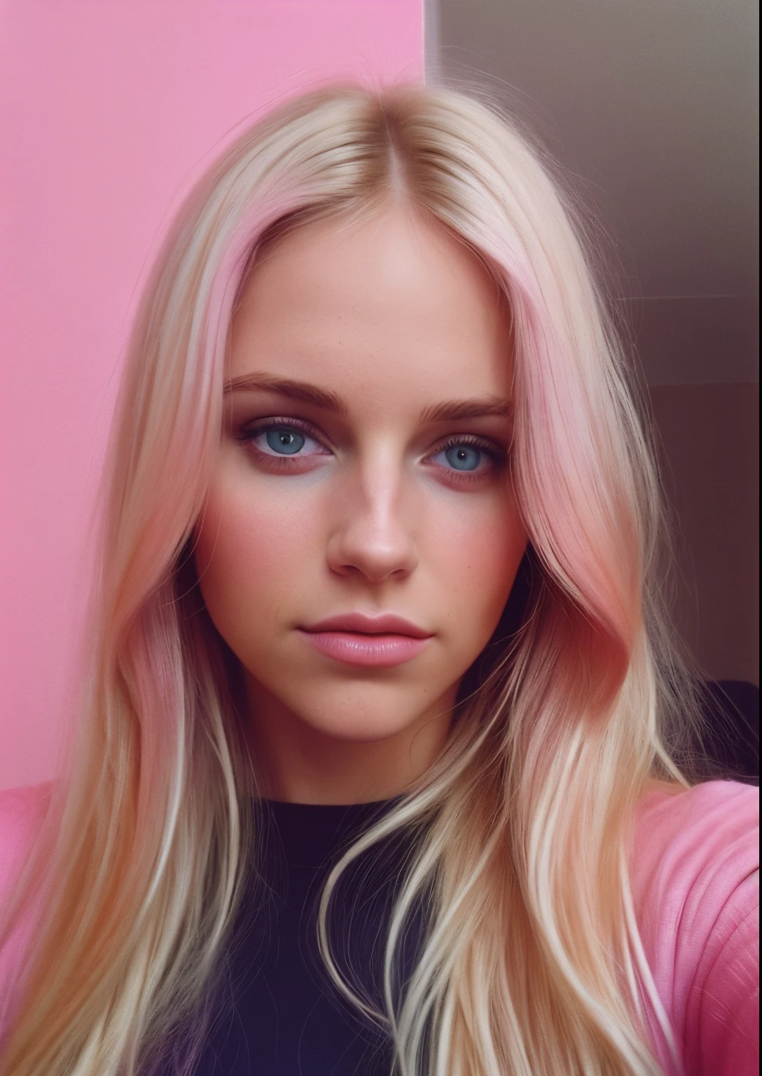 ((taken with iPhone camera))+(selfie)+(medium shot)+(a beautiful young woman)+(pink+blonde+ombre:1.3)+(grain film)+(medium quality)