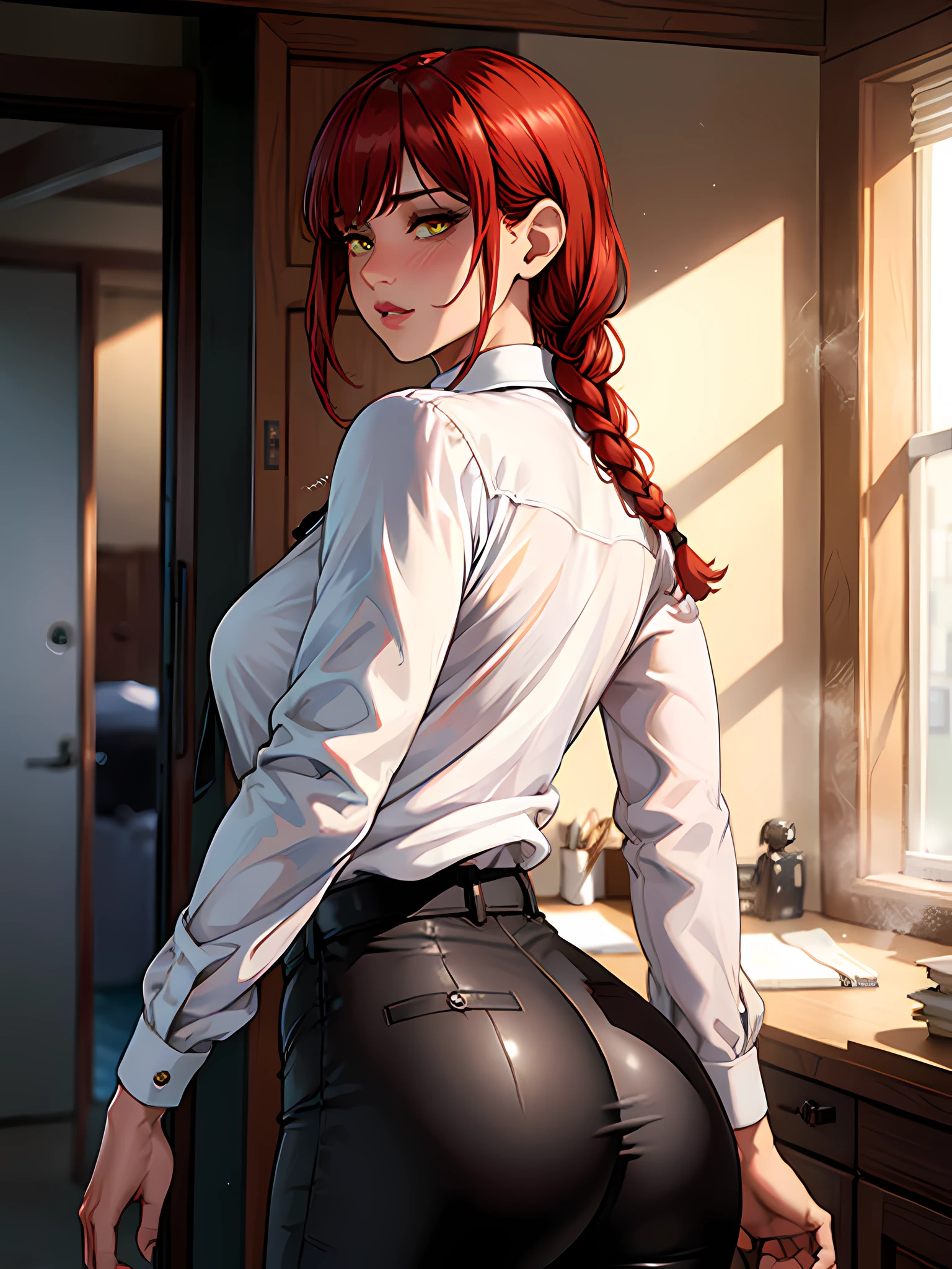 detailed shiny skin, (realistic, photorealistic:1.4), pretty girl standing, looking out the window, white shirt, collared shirt, black tie, black pants, big ass, wide hips, long sleeves, (nose blush), yellow eyes + ringed eyes, short hair + red hair + long braided hair, Makima \(Chainsaw Man\), rear view