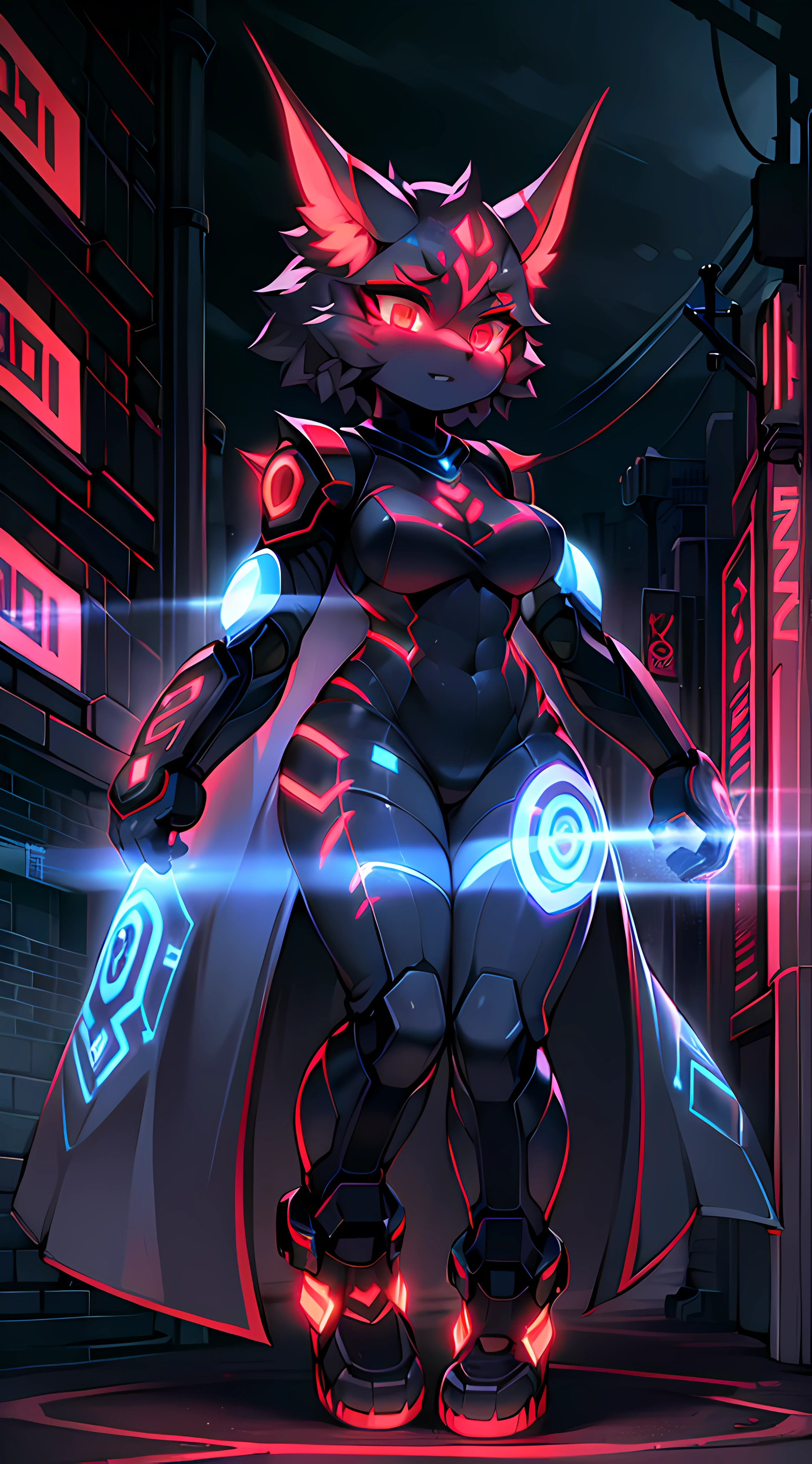 Cybernetic woman with intricate circuit patterns carved into her skin, Her red eyes scanned the street，Look for any signs of danger.