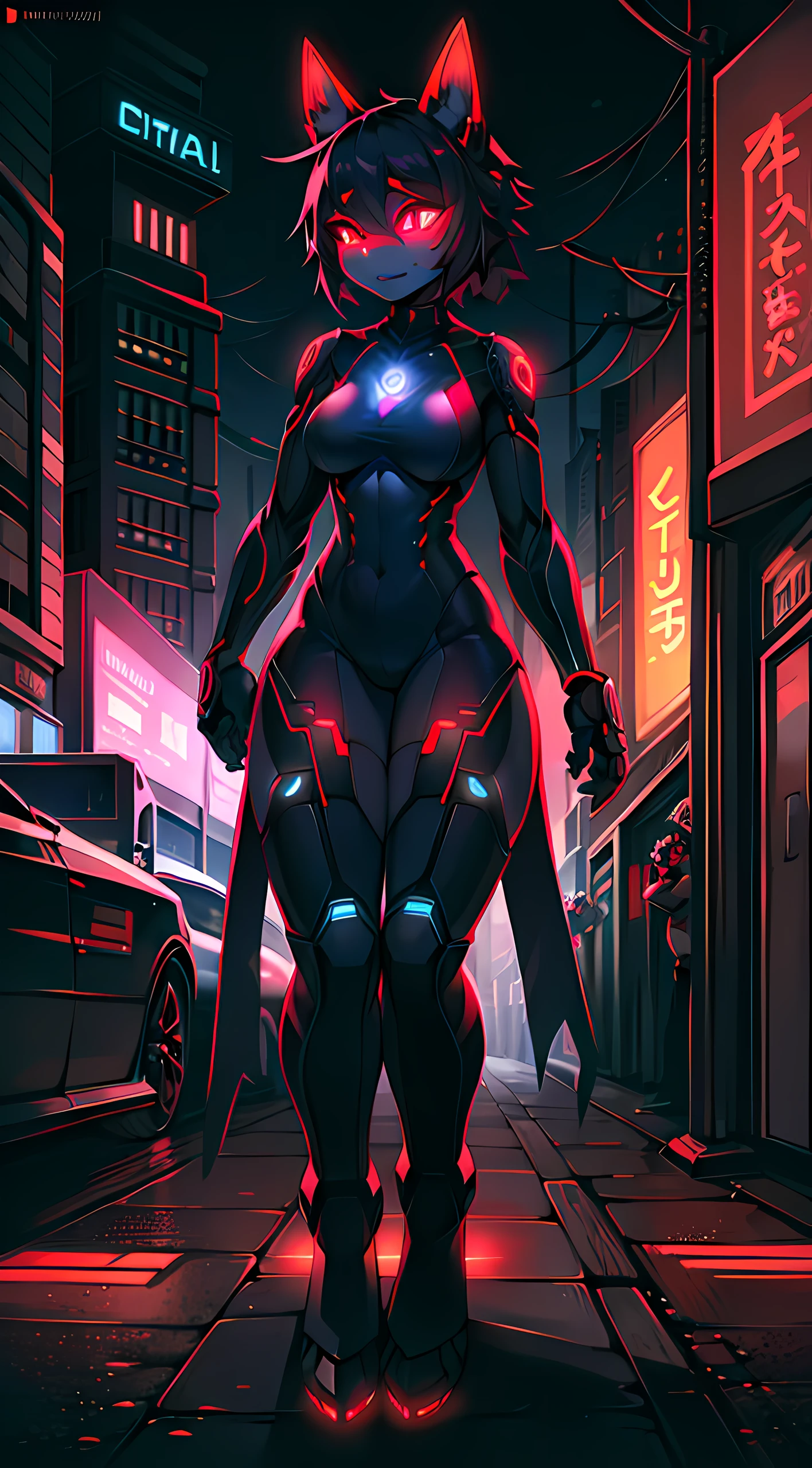 1girl, red eyes, blue hair, very short hair, ponytail, large breasts, hourglass figure, bodysuit, black bodysuit, neon, neon trim, machinery, tech, science-fiction, red glasses, futuristic, smile, standing, full body, ((full body))
