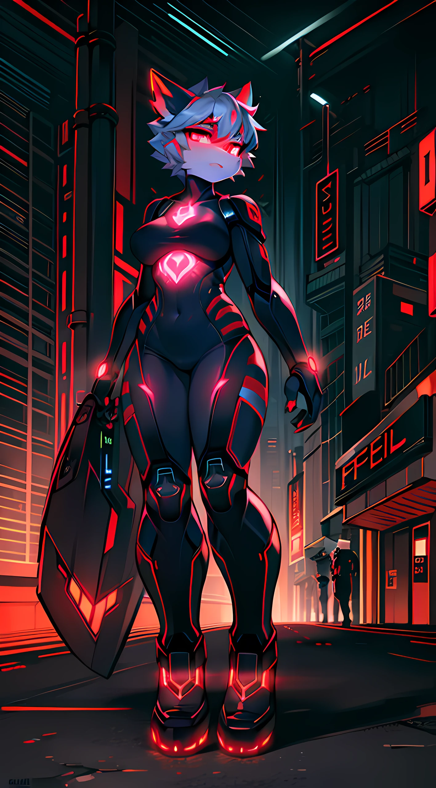 Cybernetic woman with intricate circuit patterns carved into her skin, Her red eyes scanned the street,Look for any signs of danger.