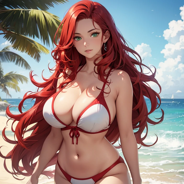 (best quality,photorealistic),portraits,red wavy hair,green eyes,white skin,curvy body,red bikini,beach background,attractive eyes,calm gaze