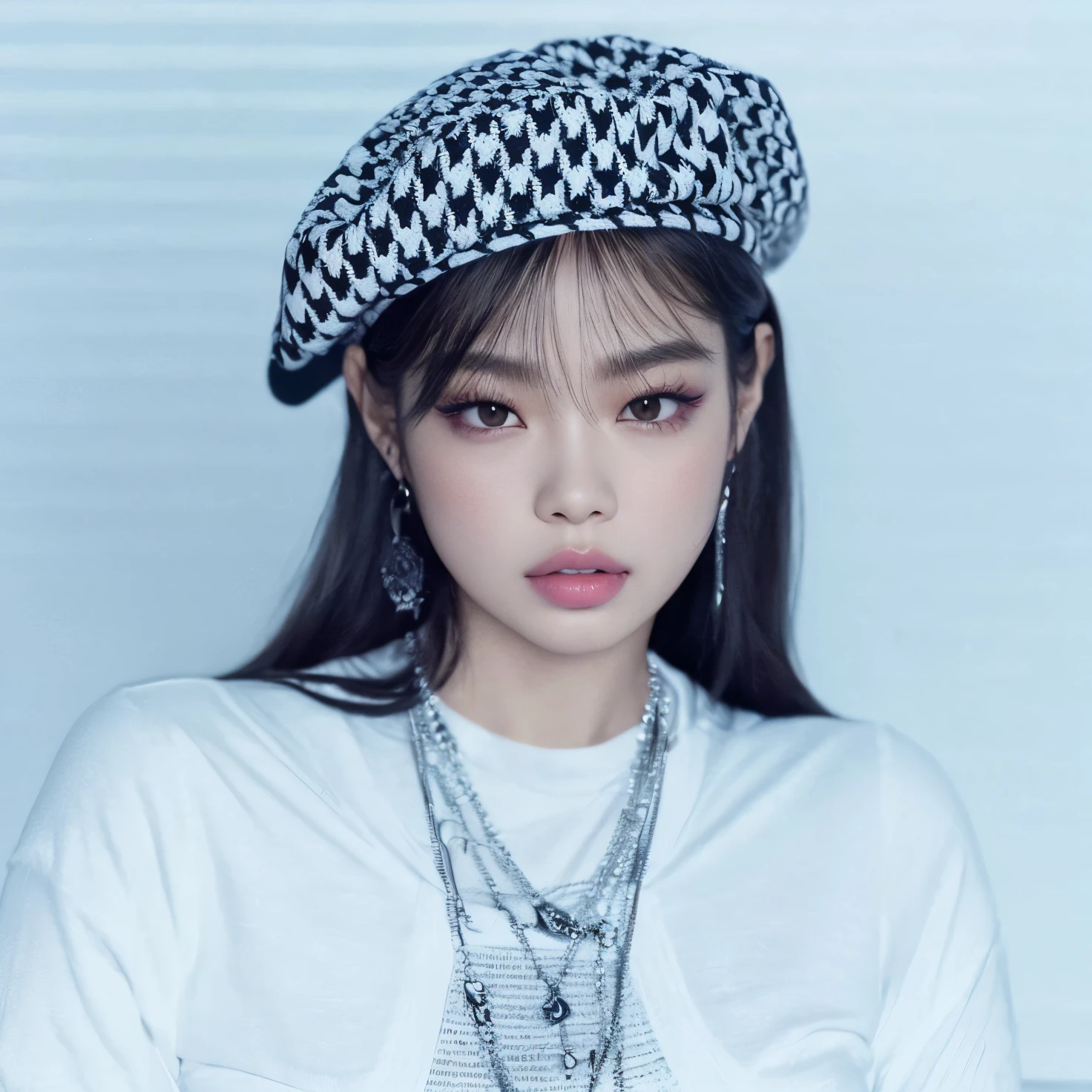 A closeup of a woman wearing a hat and a necklace, jennie blackpink, jennie do blackpink, Jennie do Blackpink, Retrato de Jennie de Blackpink, Jennie Kim, Jennie kim do Blackpink, Jennie, Jennie do blackpink, Jennie do Blackpink, Retrato Jennie Blackpink, Jennie de duas vezes, uma boina grande