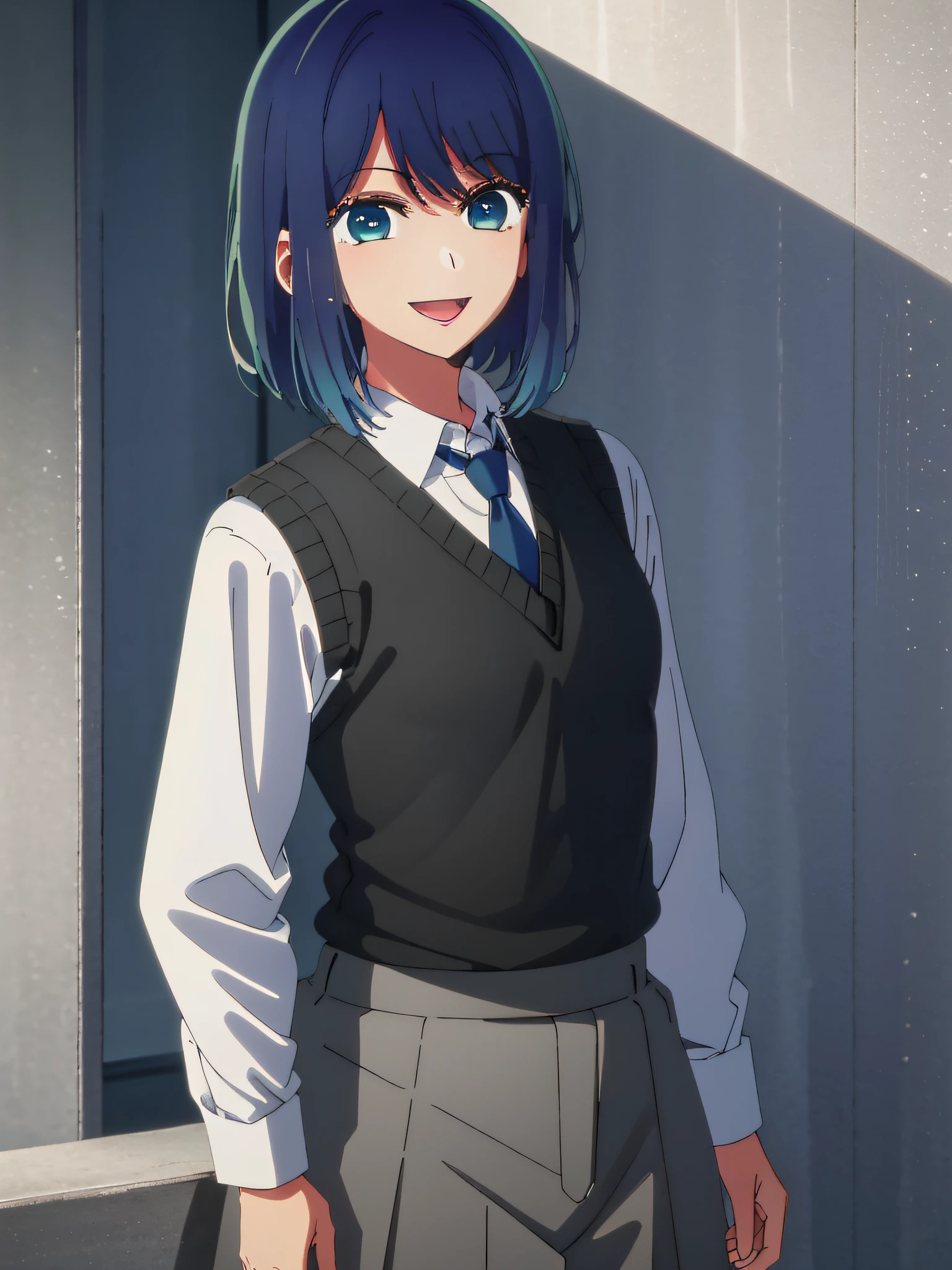 beautiful  lighting, 1girl in, 独奏, Akane, white  shirt, Sweater Vest, Black vest, Blue tie, ((anime styled))、((2D))、A smile、Open your mouth