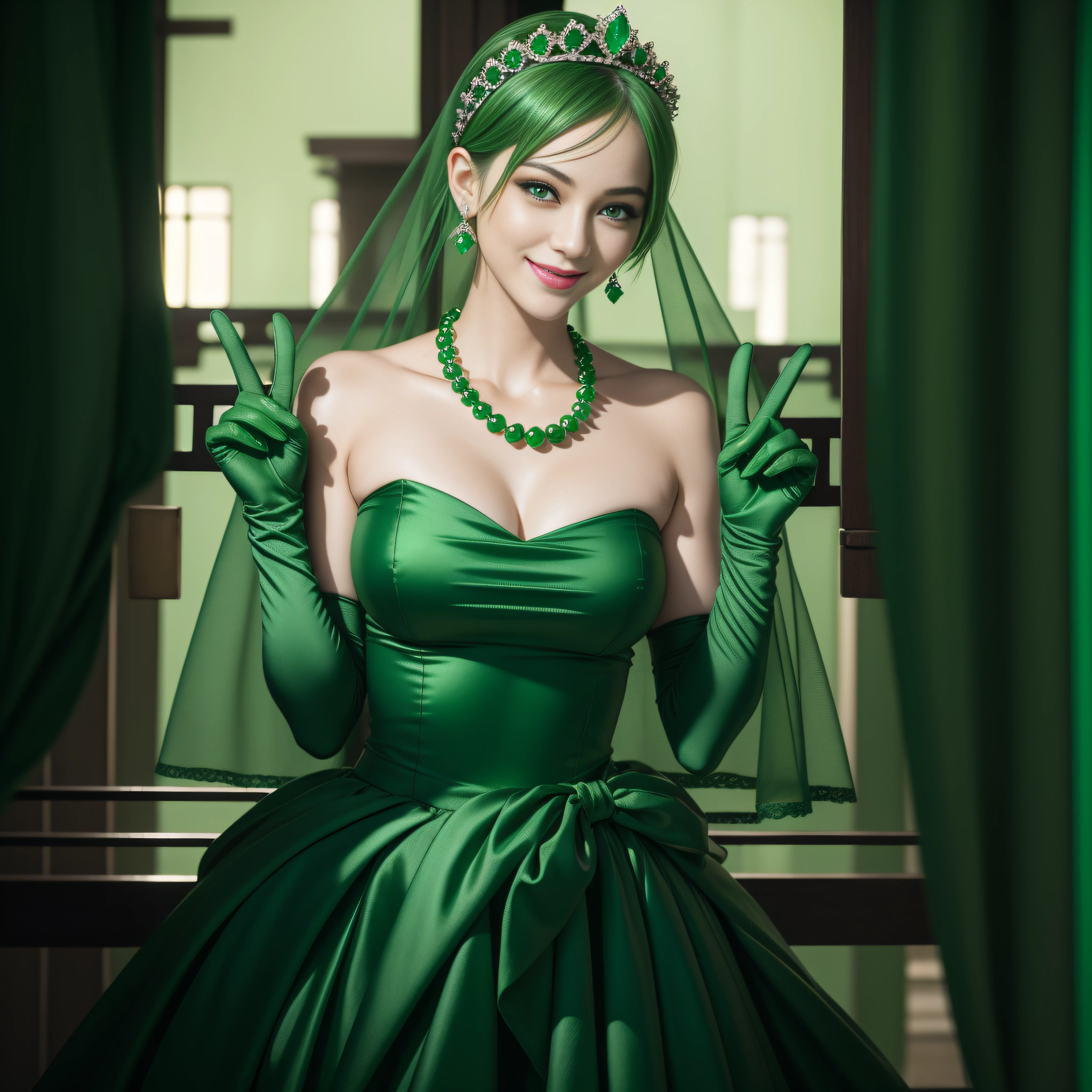 emerald tiara, Green Pearl Necklace, Boyish very short green hair, lipsticks, Japan woman smiling, very short short hair, big breasts beautiful, Green eyes, Long green gloves made of satin material, Green eyes, Emerald Earrings, green vale, v sign