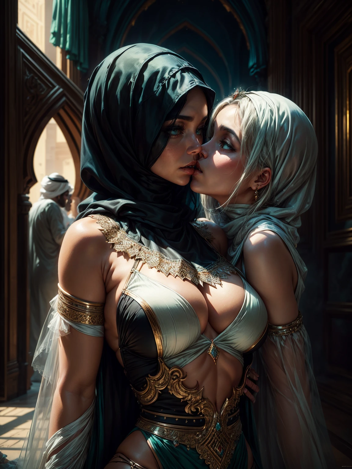 Tia is shown to have a fairly slender figure. She has white-gray hair, She has short hair and big pale green eyes. Modelshoot style, (the Extremely Detailed CG Unity 8K Wallpapers), full-shot body photo of the most beautiful artwork in the world, (arabian princess:1.4), Delicate silk clothes, arabian silk hijab, Magic, Arabian village with Arabian details in the background, nffsw, Realist paintings by Ed Blinky, Atey Ghailan, Studio Ghibli, By Jeremy Mann, Greg Manchess, Antonio Moro, Trending on ArtStation, Trending on CGSociety, Convoluted, high detailing, Sharp Focus, Dramatic, photorealistic painting art by midjourney and greg rutkowski, (2girls:1.2), (the passionate kiss:1.2).