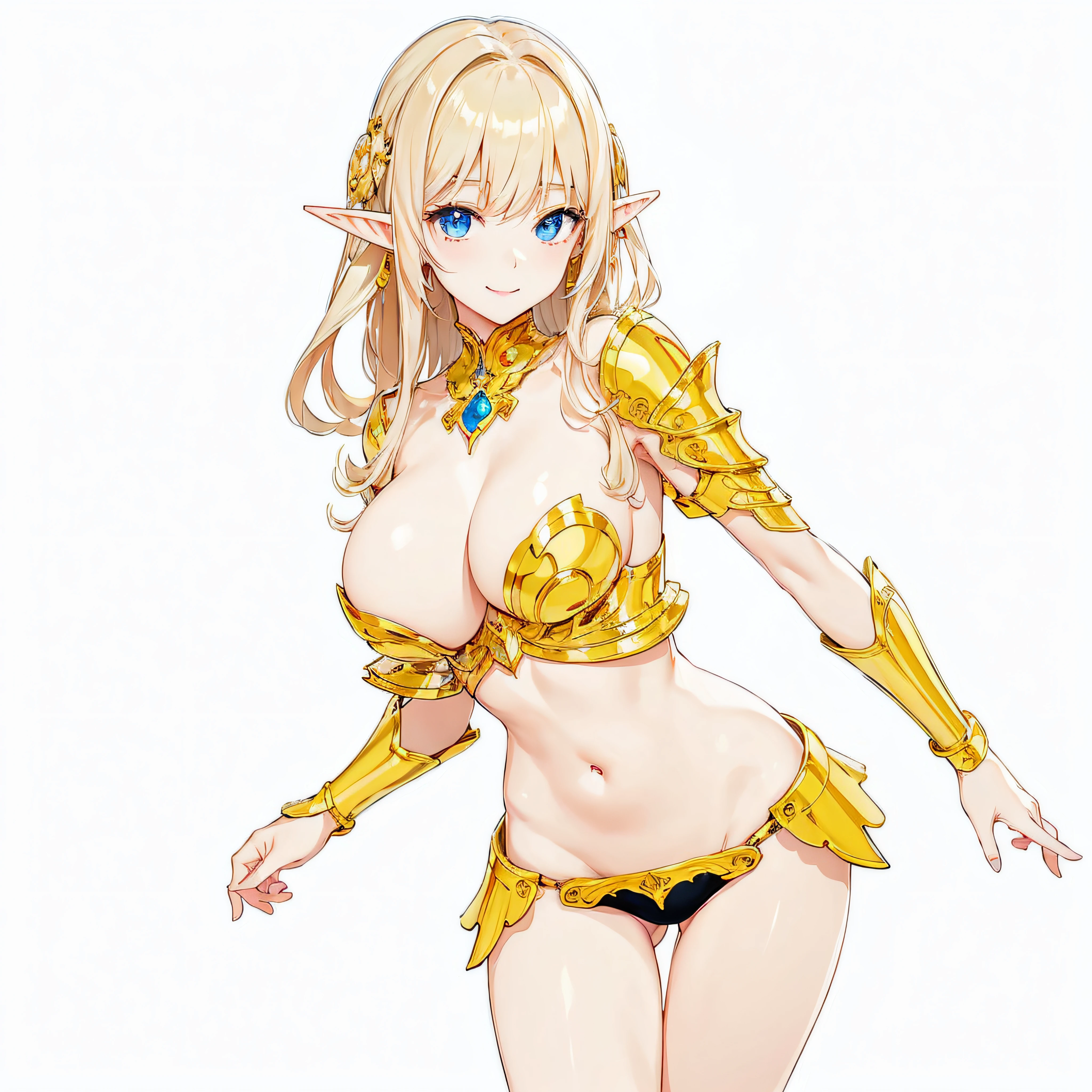 ​masterpiece、top-quality、ighly detailed、hight resolution、１６ｋ、fullnude、Teetoob proportions、golden armour、Very thin skirt、Black pants、Very white skin、Beautiful fingers、Anime girl with very big breasts posing naked、Perfect Style、elvish、no-bra、Blonde blue-eyed、A smile、An elf girl、slim the contours