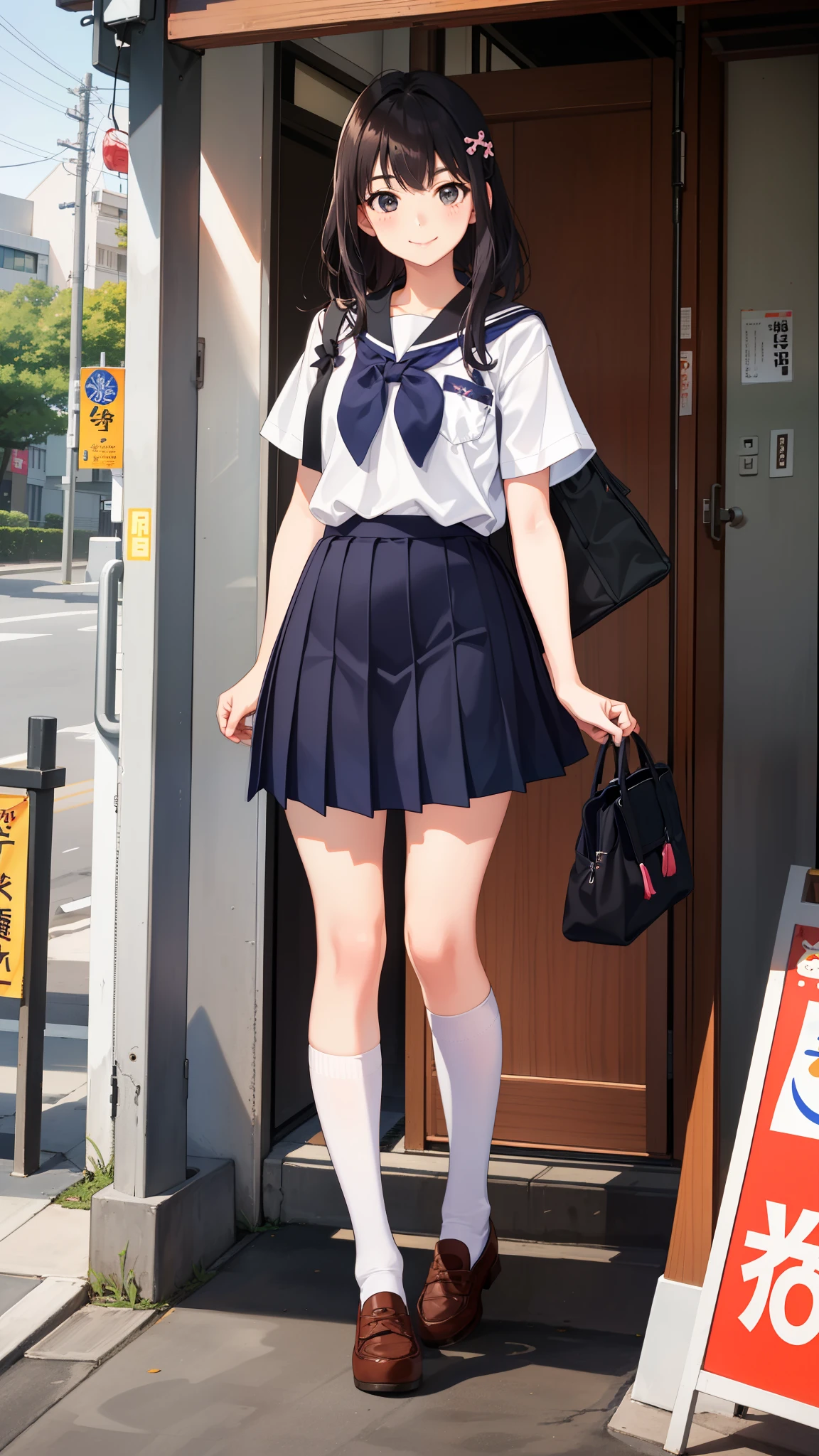 1 girl, smile, shirt, skirt, (small) chiralism, Japan high school school school uniform, serafuk, summer clothes,