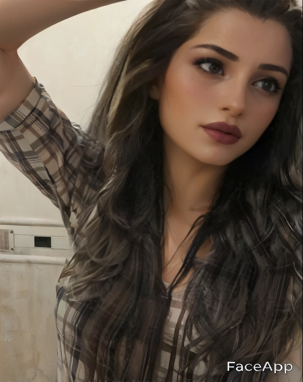 arafed woman with long hair and a plaid shirt brushing her hair, 18 years old, beautiful iranian woman, thick lips, 21 years old, 19-year-old girl, selfie of a young woman, pale-skinned persian girl, 1 , profile image, 2 2 years old arab woman, with long hair and piercing eyes