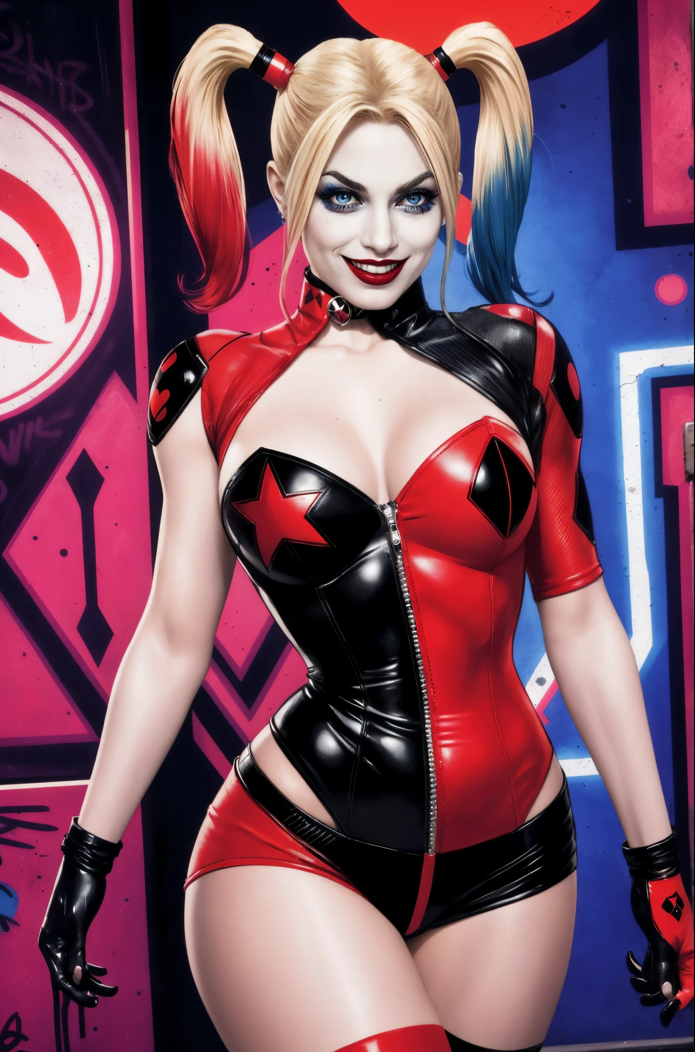 A sexy Harley Quinn from DC Comics. High-resolution artwork, vivid colors, and sharp focus. Extremely detailed face with beautiful eyes, detailed lips, and long eyelashes. Emphasize her mischievous grin and playful expression. She is wearing her iconic red and black jester outfit, with a mini-dress, fishnet stockings, and black boots. Her outfit should be vibrant and eye-catching. The background should be a dark and moody Gotham City alley with hints of neon lights and graffiti. Captivate the essence of her character, her both seductive and dangerous. The artwork should have a comic book style, with bold lines and exaggerated features, sexy, naughty, rear view