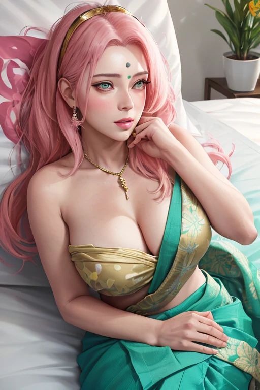 masterpiece, absurdres, sakura\(boruto\), 1girl, solo,mature female, wearing indian saree, saree has black blouse, golden dupatta and golden pallu, looking at viewelling petals), perfect composition, detailed lips, big breast, beautiful face, body propotion, blush, (pink lips), long pink hair, hair over shoulder, Green-eyed, soft gaze, super realistic, detailed, photoshoot, realistic face and body, in bed, view from above, forehead jewel, laying in bed