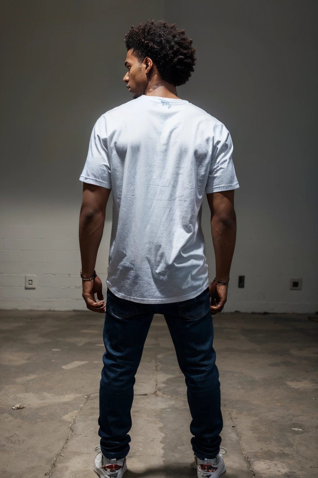 men, man, dude, boy, gentlemen, realistich, lightskin boy, big afro curls, sport shoes, left hand in pocket, right hand in pocket, full body, full hair, blanco shirt, black men, show shoes, shoes, darkblue jeans, arafed man standing on the photo studio with his hands in his pockets, showing his back, showing both back shoulders, background all white, outlive streetwear collection, trending on r/streetwear, jeans and t shirt, wearing a dark shirt and jeans, simetrical medium shot, inspired by Eugène Brands, casual fashion, baggy jeans, wearing a shirt and a dark blue jean, inspired by Bruce Gilden