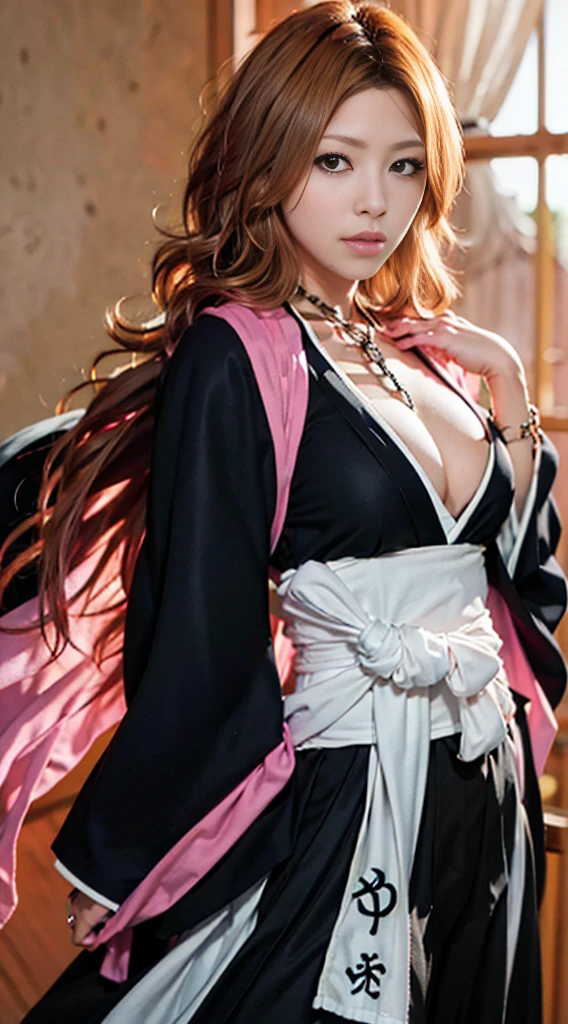 (masutepiece, of the highest quality, Best Quality, Beautiful and aesthetic: 1.2), Very detailed, highestdetailed, Gray eyes, Orange hair, Honey Hair, Long Blonde Hair, Colossal, Black_Japanese_Clothes, Hakama, cleavage, Black_ Japanese_clothes rack kimono, Pitch black kimono, Silver Chain, Pink Shawl, black wide sleeves, white sash, Black_ Hakama_Skirt, Black_Hakama, tabi), Matsumoto Rangiku, graffiti art, Huge breasts, Look at the viewer, Smiling, (Oiled skin, glistning skin, high gloss skin, Professional Lighting), ( Beautiful woman, randam angle, Upper body),