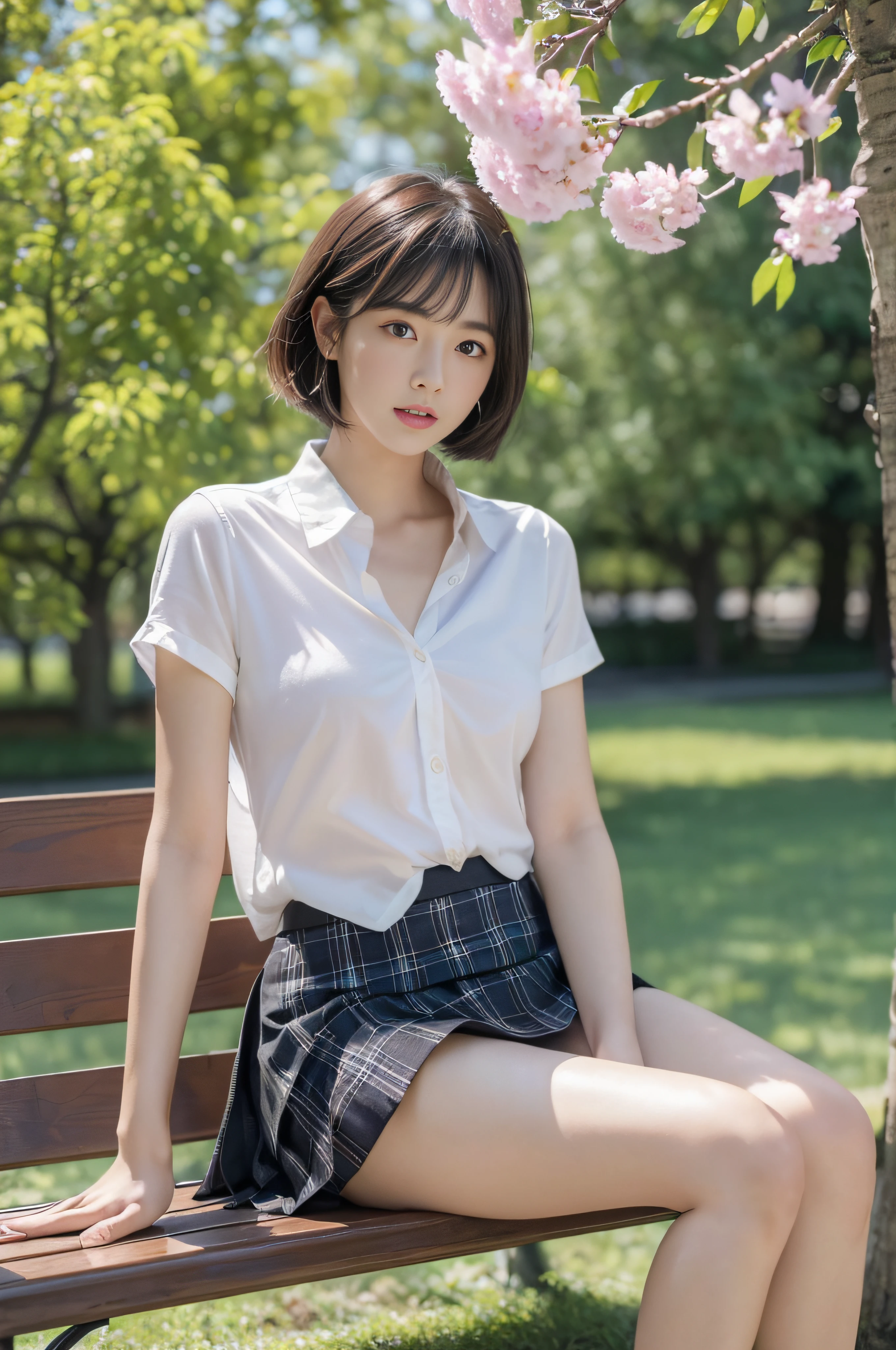 1girl, solo, white polo shirt, white sneakers, tennis wear, white mini skirt, masterpiece, best quality, realistic, super detailed, ridiculous, looking at the audience, short black hair, brown eyes, slender, dynamic light and shadow, high resolution, sharp focus, depth of field, fine eyes, sharp pupils, realistic pupils, (small chest: 1.6), (thigh thickness: 1.0), outdoor, sky