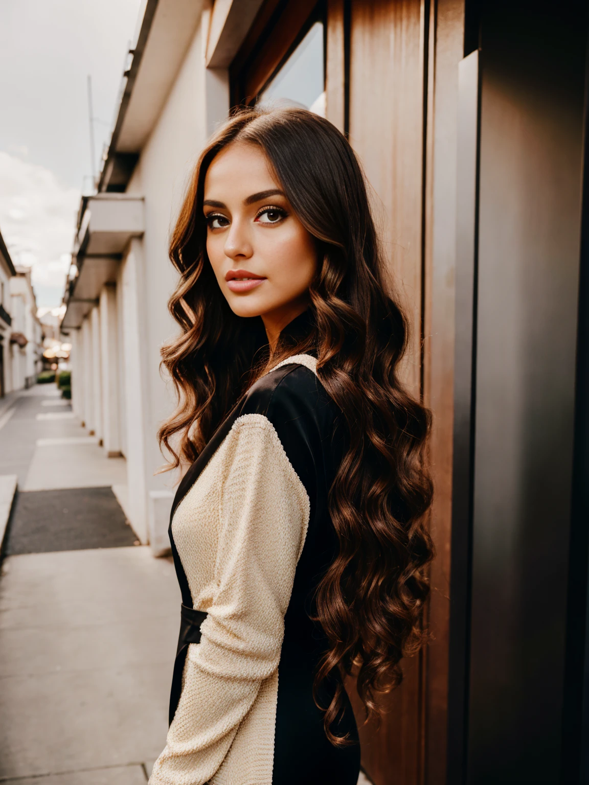 Photorealistic, ultra-detailed, Brunette woman with long wavy hair (cascading over her shoulders), Fashionable clothes, Natural makeup, Subtle smile, Warm, blurred background, Soft, glowing light, Casual yet polished look, Friendly and approachable demeanor This image showcases a beautiful brunette woman, captivatingly depicted with long, wavy locks that cascade gracefully over her shoulders. she's intimately engaged in taking a selfie, reflecting her fashionable attire and natural makeup. Her appearance exudes a calm, subtle charm, with a gentle smile playing on her lips