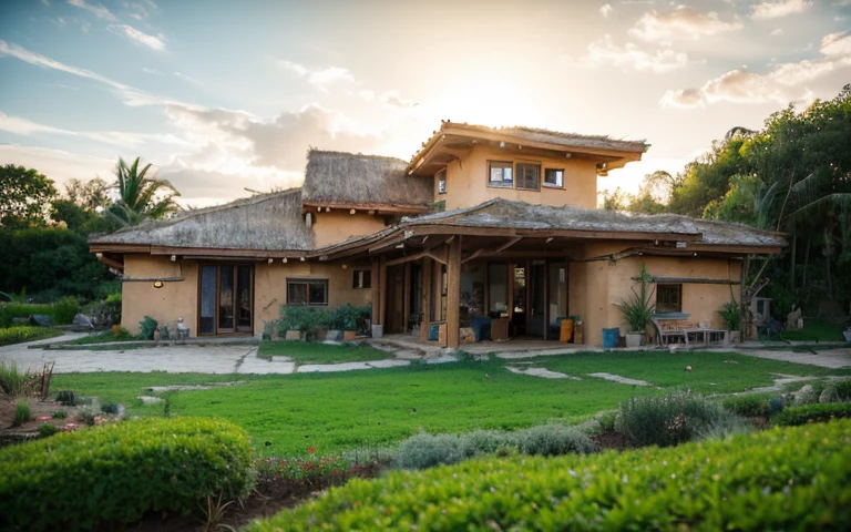 A close up photograph of a house with buttress wall and round window, mustard yellow terracota plaster walls (((rustic clay stucco))), ((corner walls rounded)), ((rustic clay plaster)), (((terracotta walls with rounded corners))), (((rustic earth plaster, mud))), ((natural houses)), (((green roof with wooden edge))), (((wooden roof structure, wooden rake, wooden fascia board))), eaves, ((roof with wooden structure)), In Bahia (((tropical garden))), ecovillage, sustainable architecture, bioconstruction architecture, solarpunk architecture, ((green architecture)), passive house, clear sky in the background, painful beauty, modern, imposing, green house, ((Bali hobbit Hadid Style)), super resolution, cinematic, color grading, editorial photography, photography, photo shoot, (((dramatic front eye close up view))), O 50mm, depth of field, intricate details, natural colors, sharp focus, warm light, shutter speed 1/1000, F/22, White Balance, Ray Trace Reflections, Lumen Reflections, Screen Space Reflections, Diffraction Rating, Chromatic Aberration, GB Shift, Partial Lighting, Backlighting, Daylighting, Scan Lines, ambient occlusion, antialiasing, shaders, OpenGL-Shaders, GLSL-Shaders, Post-processing, post-production, shading, tone mapping, incredibly detailed and complex, hypermaximalist, elegant, hyperrealistic, super detailed, dynamic pose, Fujifilm XT