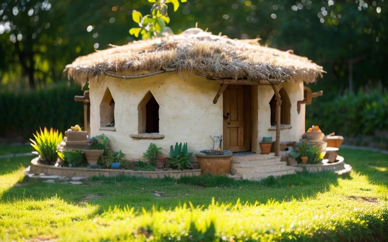 A close up photograph of a house with buttress wall and round window, mustard yellow terracota plaster walls (((rustic clay stucco))), ((corner walls rounded)), ((rustic clay plaster)), (((terracotta walls with rounded corners))), (((rustic earth plaster, mud))), ((natural houses)), (((green roof with wooden edge))), (((wooden roof structure, wooden rake, wooden fascia board))), eaves, ((roof with wooden structure)), In Bahia (((tropical garden))), ecovillage, sustainable architecture, bioconstruction architecture, solarpunk architecture, ((green architecture)), passive house, clear sky in the background, painful beauty, modern, imposing, green house, ((Bali hobbit Hadid Style)), super resolution, cinematic, color grading, editorial photography, photography, photo shoot, (((dramatic front eye close up view))), O 50mm, depth of field, intricate details, natural colors, sharp focus, warm light, shutter speed 1/1000, F/22, White Balance, Ray Trace Reflections, Lumen Reflections, Screen Space Reflections, Diffraction Rating, Chromatic Aberration, GB Shift, Partial Lighting, Backlighting, Daylighting, Scan Lines, ambient occlusion, antialiasing, shaders, OpenGL-Shaders, GLSL-Shaders, Post-processing, post-production, shading, tone mapping, incredibly detailed and complex, hypermaximalist, elegant, hyperrealistic, super detailed, dynamic pose, Fujifilm XT