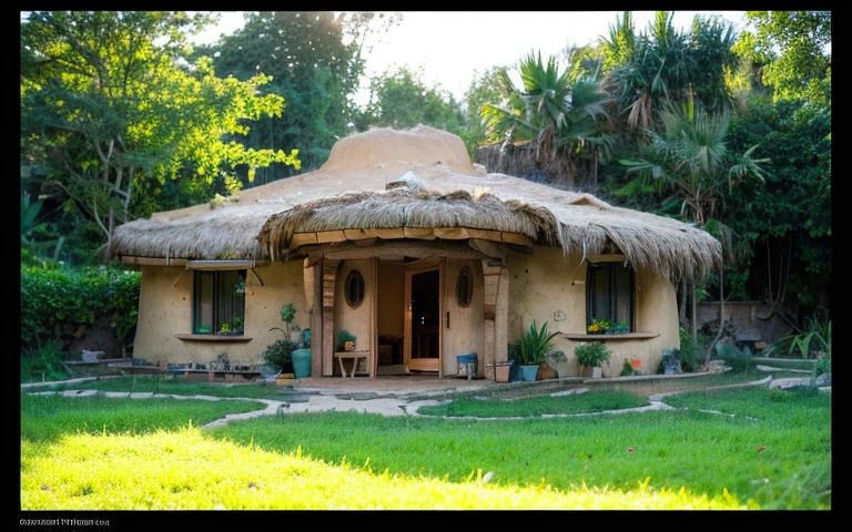 A close up photograph of a house with buttress wall and round window, mustard yellow terracota plaster walls (((rustic clay stucco))), ((corner walls rounded)), ((rustic clay plaster)), (((terracotta walls with rounded corners))), (((rustic earth plaster, mud))), ((natural houses)), (((green roof with wooden edge))), (((wooden roof structure, wooden rake, wooden fascia board))), eaves, ((roof with wooden structure)), In Bahia (((tropical garden))), ecovillage, sustainable architecture, bioconstruction architecture, solarpunk architecture, ((green architecture)), passive house, clear sky in the background, painful beauty, modern, imposing, green house, ((Bali hobbit Hadid Style)), super resolution, cinematic, color grading, editorial photography, photography, photo shoot, (((dramatic front eye close up view))), O 50mm, depth of field, intricate details, natural colors, sharp focus, warm light, shutter speed 1/1000, F/22, White Balance, Ray Trace Reflections, Lumen Reflections, Screen Space Reflections, Diffraction Rating, Chromatic Aberration, GB Shift, Partial Lighting, Backlighting, Daylighting, Scan Lines, ambient occlusion, antialiasing, shaders, OpenGL-Shaders, GLSL-Shaders, Post-processing, post-production, shading, tone mapping, incredibly detailed and complex, hypermaximalist, elegant, hyperrealistic, super detailed, dynamic pose, Fujifilm XT