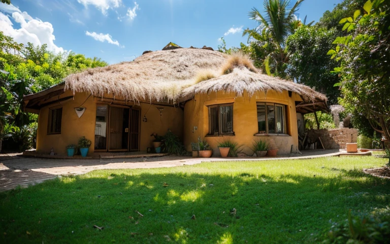 A close up photograph of a house with buttress wall and round window, mustard yellow terracota plaster walls (((rustic clay stucco))), ((corner walls rounded)), ((rustic clay plaster)), (((terracotta walls with rounded corners))), (((rustic earth plaster, mud))), ((natural houses)), (((green roof with wooden edge))), (((wooden roof structure, wooden rake, wooden fascia board))), eaves, ((roof with wooden structure)), In Bahia (((tropical garden))), ecovillage, sustainable architecture, bioconstruction architecture, solarpunk architecture, ((green architecture)), passive house, clear sky in the background, painful beauty, modern, imposing, green house, ((Bali hobbit Hadid Style)), super resolution, cinematic, color grading, editorial photography, photography, photo shoot, (((dramatic front eye close up view))), O 50mm, depth of field, intricate details, natural colors, sharp focus, warm light, shutter speed 1/1000, F/22, White Balance, Ray Trace Reflections, Lumen Reflections, Screen Space Reflections, Diffraction Rating, Chromatic Aberration, GB Shift, Partial Lighting, Backlighting, Daylighting, Scan Lines, ambient occlusion, antialiasing, shaders, OpenGL-Shaders, GLSL-Shaders, Post-processing, post-production, shading, tone mapping, incredibly detailed and complex, hypermaximalist, elegant, hyperrealistic, super detailed, dynamic pose, Fujifilm XT