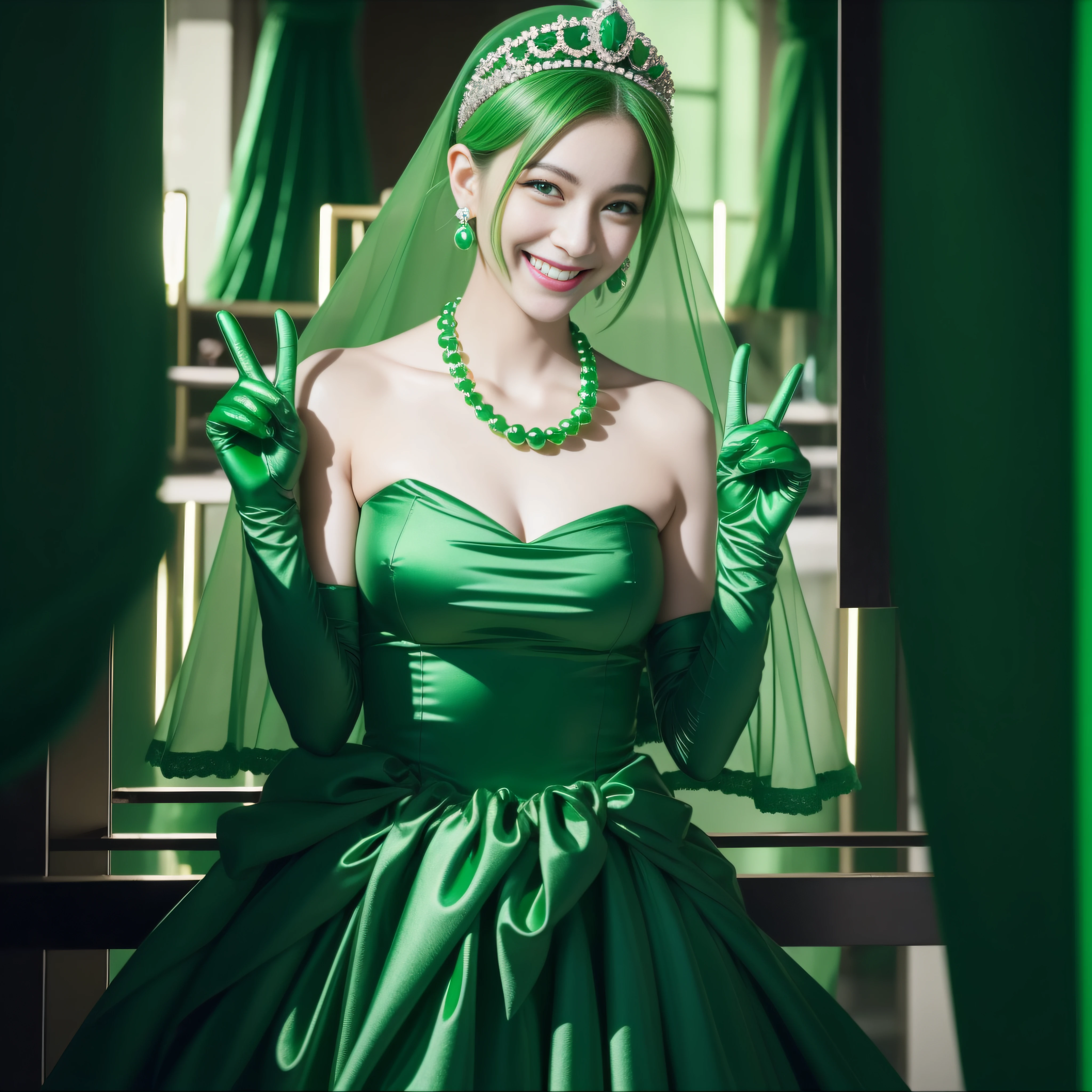 emerald tiara, Green Pearl Necklace, Boyish very short green hair, lipsticks, Japan woman smiling, very short short hair, big breasts beautiful, Green eyes, Long green gloves made of satin material, Green eyes, v sign,V-sign with both hands, Emerald Earrings, Green hair