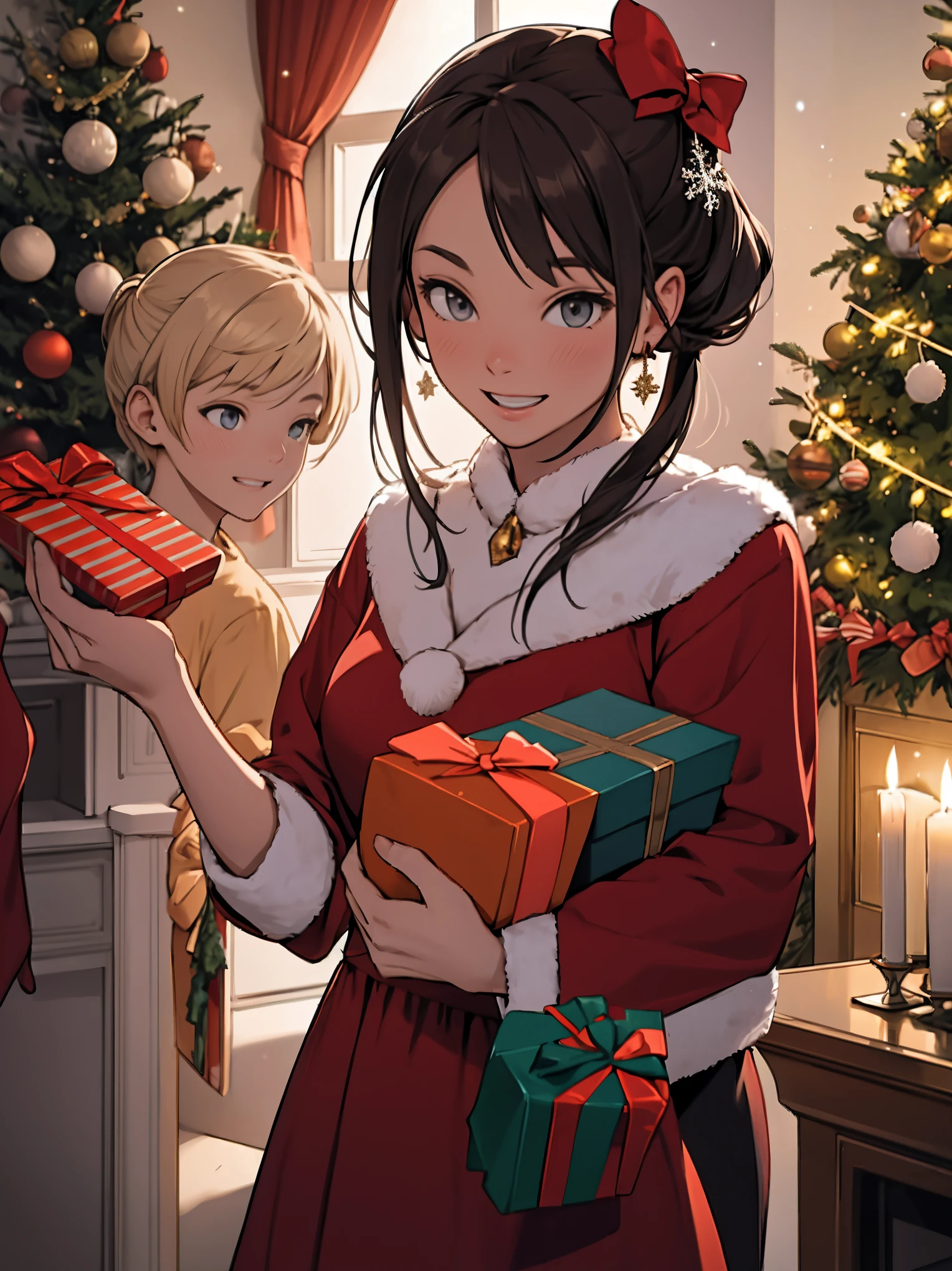 (best quality,4k,8k,highres,masterpiece:1.2),ultra-detailed,realistic,gifts,table,Christmas tree,decorations,wrapping ,bows,ribbon,presents,holiday spirit,vibrant colors,warm lighting,cozy atmosphere,toys,cards,candles,snowflakes,joyful,celebration,exquisite details,exciting surprises,shiny ornaments,sparkling tinsel,beautifully wrapped,excited children,anticipation,festive mood,magical ambiance,delightful moment,wonderful memories,family gathering,cheerful faces,Christmas magic,extravagant,abundance of presents,HDR,UHD,studio lighting,ultra-fine painting,sharp focus,physically-based rendering,professional,vivid colors,bokeh.