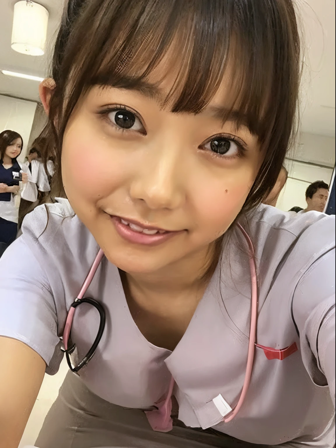 (8K、Raw photography、top-quality、masuter piece:1.2)、ultra-detailliert、ultra res、(realisitic、rialistic photo:1.37)、portlate、high-definition RAW color photography、Professional Photography、highly detailed and beautiful、ighly detailed、8K Picture Wallpaper、amazing detailed、huge filesize、Official art、Highly detailed CG Unity 8K wallpapers、highly detailed beautiful girl、extra detailed face、extremely detailed eye、highlydetailed skin、extremely detailed fingers、highly detailed nose、very detailed detailed mouth、Perfect Anatomy、highly detailed back ground、Highly detailed clothing、女の子 1 人、(18:1.2)、、Cute girl funny Japanese idol、cute little、Realistic body、小柄、de pele branca、glistning skin、Slim body、Handsome body、brown haired、Short curly hair、(Blunt bangs:1.2)、A smile、kawaii、zora々Right、kawaii faces、Lifelike face、Delicat eyes、Sauce order、White shirt、skirt by the、耳Nipple Ring、Looking at the camera、cowboy shot、front facing、Contrapo, high street, 动态照明,((((White nurse))))、hospitals、Hospital Room