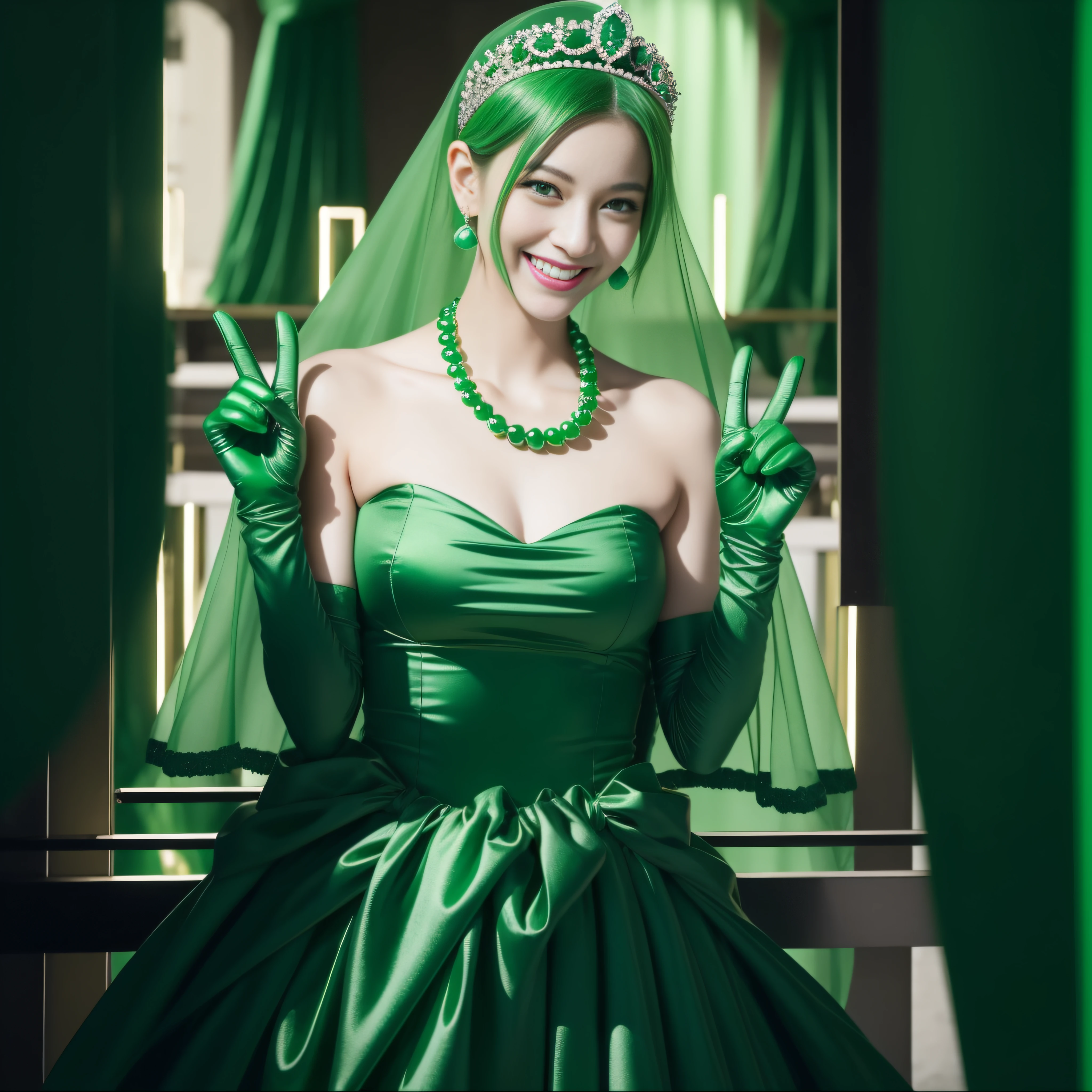 emerald tiara, Green Pearl Necklace, Boyish very short green hair, lipsticks, Japan woman smiling, very short short hair, big breasts beautiful, Green eyes, Long green gloves made of satin material, Green eyes, v sign,V-sign with both hands, Emerald Earrings, Green hair
