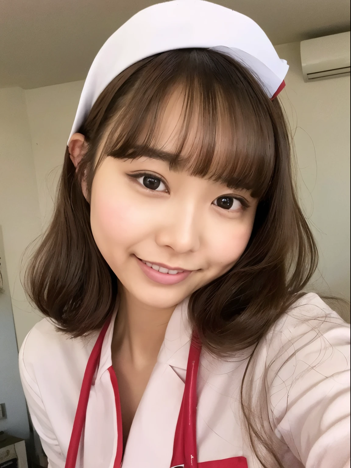 (8K、Raw photography、top-quality、masuter piece:1.2)、ultra-detailliert、ultra res、(realisitic、rialistic photo:1.37)、portlate、high-definition RAW color photography、Professional Photography、highly detailed and beautiful、ighly detailed、8K Picture Wallpaper、amazing detailed、huge filesize、Official art、Highly detailed CG Unity 8K wallpapers、highly detailed beautiful girl、extra detailed face、extremely detailed eye、highlydetailed skin、extremely detailed fingers、highly detailed nose、very detailed detailed mouth、Perfect Anatomy、highly detailed back ground、Highly detailed clothing、女の子 1 人、(18:1.2)、、Cute girl funny Japanese idol、cute little、Realistic body、小柄、de pele branca、glistning skin、Slim body、Handsome body、brown haired、Short curly hair、(Blunt bangs:1.2)、A smile、kawaii、zora々Right、kawaii faces、Lifelike face、Delicat eyes、Sauce order、White shirt、skirt by the、耳Nipple Ring、Looking at the camera、cowboy shot、front facing、Contrapo, high street, 动态照明,((((White nurse))))、hospitals、Hospital Room