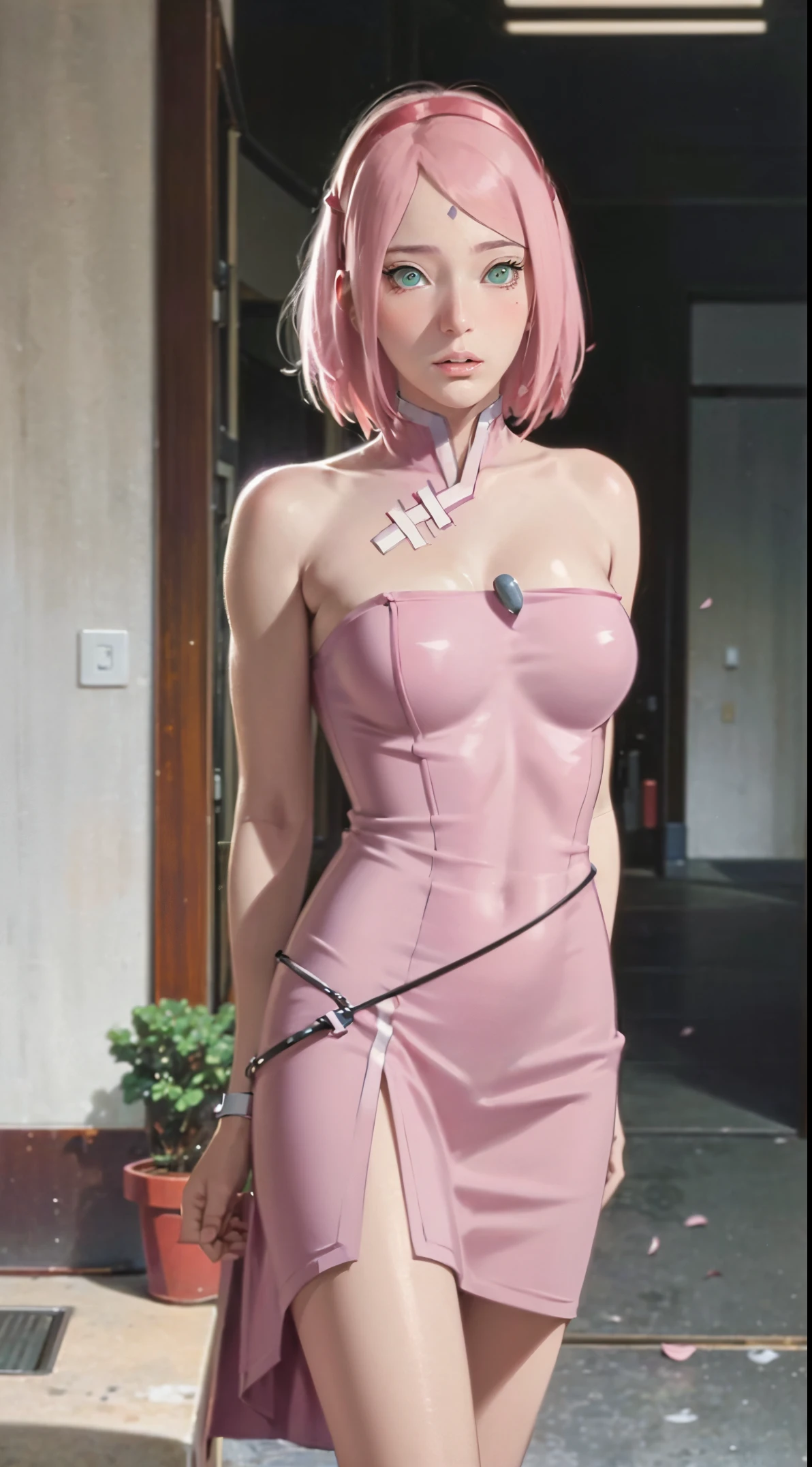 masterpiece, absurdres, sakura\(boruto\), 1girl, solo,mature female, spaghetti strap top, high waist short skirt, looking at viewelling petals), perfect composition, detailed lips, big breast, beautiful face, body propotion, blush, (pink lips), long hair,  green eyes,  soft gaze,  super realistic, detailed, photoshoot, realistic face and body,