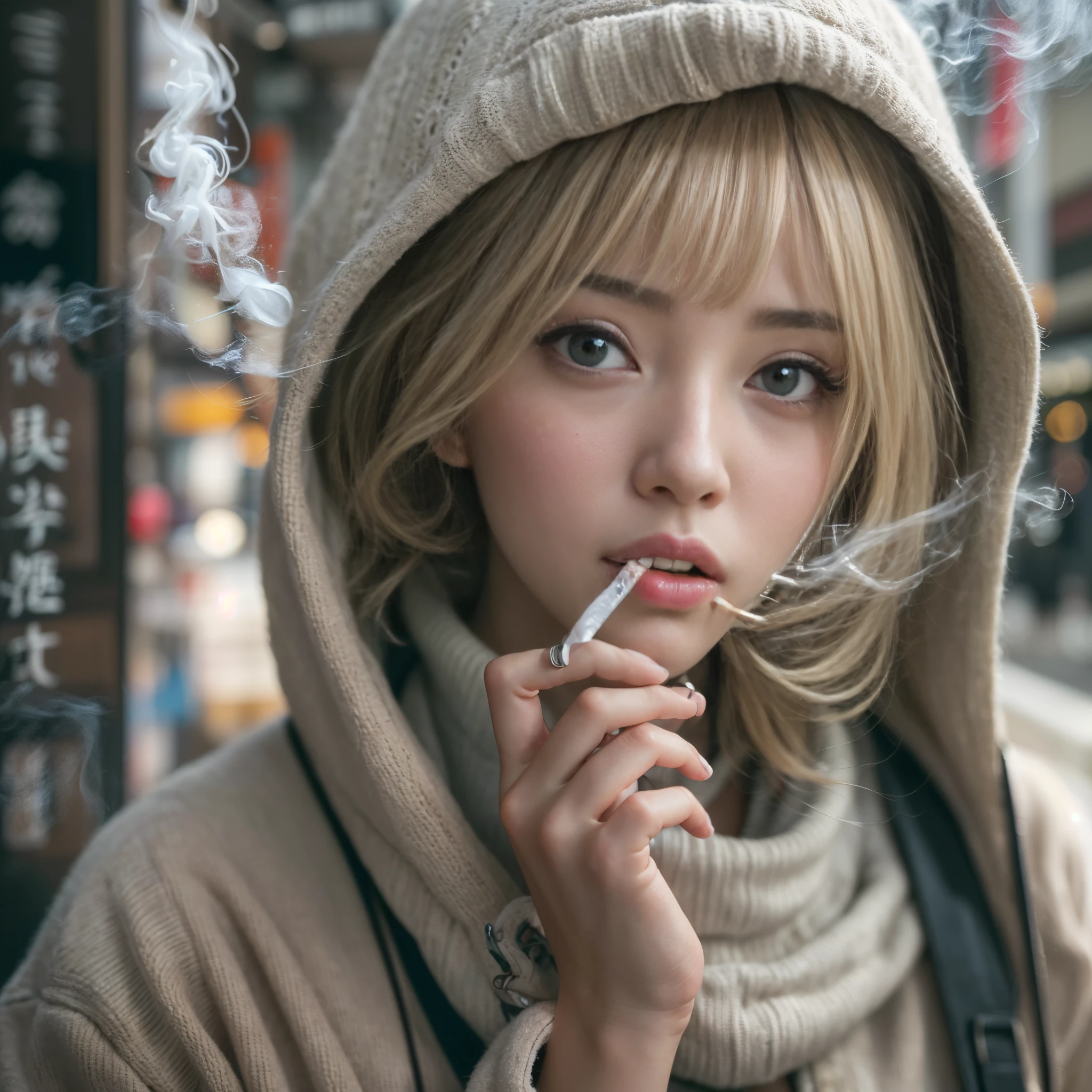 Best-quality, Masterpiece, Ultra-High-Resolution, (Photorealistic:1.4), Raw-Photo, Extremely-Details, Perfect-Anatomy, Ultra-Detailed, 

1girl, the most famous Japanese actress, in Tokyo's main street, detailed Tokyo's main street, ((smoking a cigarette, detailed cigarette):1.3), 

wearing luxurious hoodie with cool design, detailed luxurious hoodie with cool design,

((extremely beautiful face like a most popular Japanese actress, extremely beautiful big black solid circle eyes, extremely beautiful blonde hair):1.1), extremely beautiful lips, extremely beautiful mouth, extremely beautiful realistic skins, extremely beautiful hand