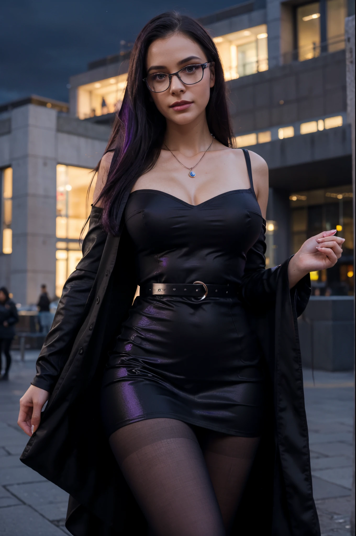 a sexy skinny caucasian nerdy girl glasses elegant shiny galactic well fitted short dress long sleeve amazing necklace tight seethru elements public square night sky standing and photo posing sexy dark sky evening dark atmosphere purple rich full natural lipstick shiny legs pantyhose straight hair, black purple hair, super realistic evening mood sexual tension detailed face looking at viewer shy dress belt provocative ((best quality)), ((masterpiece)), (detailed), seed 500000, perfect face, detailed amazing eyes, symetric face, smooth natural hands