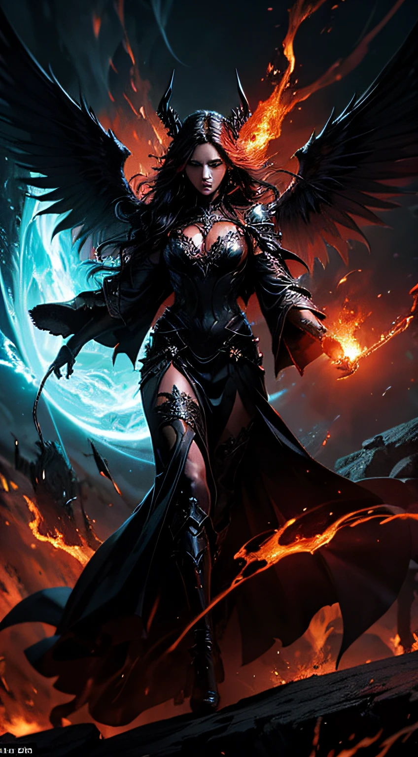hell messenger is a woman. Hell Messenger walking towards the camera. dark abyss with towering flames illuminating the surroundings. The Messenger, clad in black robes, is depicted with outstretched wings, emanating an otherworldly glow. Messenger's eyes glow with an eerie red light. Ultra detailed