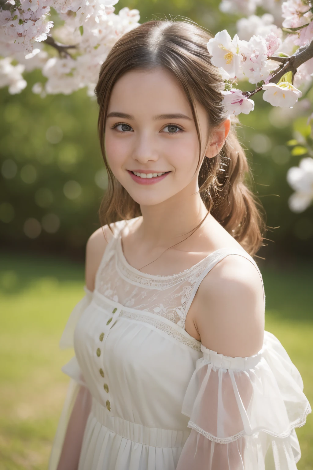 Masterpiece, Best quality, 8k, 18 ans, Photo brute, absurdes, Award-winning portrait, sourire, sourire, pure, french, random color dress, spring, petite, orchard in bloom, laces, famous singer, leanin, revealing