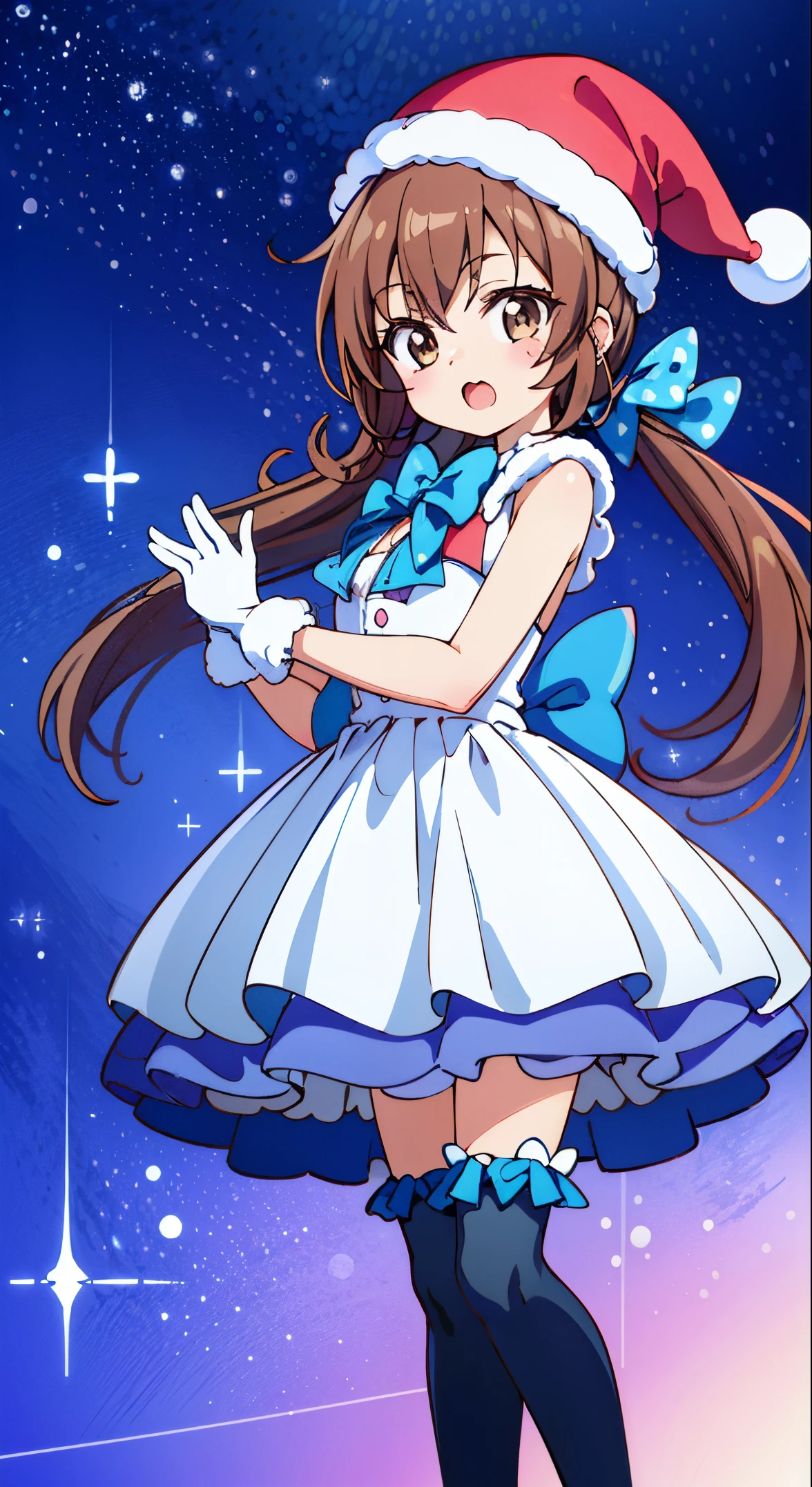 (masutepiece, Best Quality, Perfect Anatomy, High quality:1.4), nice hand, Perfect hands, Detailed beautiful hands, Large_filesize, fulcolor, hight resolution, symmetric, exceptional, Best aesthetic, newest, Anime, very beautiful detailed body,The hair,faces,The eye,BREAK,
1 beautiful girl(Cute:1.5),(Chibi:0.5),(kawaii:2.0),(Lori:2.0),(7 year old girl),(Solo:1.65),BREAK, (flat chest:1.2,), Clear skin, Beautiful skin, Shy, One Beautiful Girl,Colossal tits(Hair Bow, reddish brown hair, Twin-tailed:1.2), (Brown eyes, long eyelashes, Double eyelids: 1.2), BREAK, Star \(symbol\, (gloves, White Gloves:1.3), (bug, Dress,polka dot:1.3) , Looking at Viewer,(long boots:1.2),Shiny skin,Clear skin, Beautiful skin,(best quality face),(Top quality glowing eyes), (Smile:0.5),(Slim body:1.2), BREAK, (Red,Santa's Hat, santa dress,Idol,Mini skirt,Sleeveless:1.2),
BREAK,(plein air),
(Glitter,On a bright stage ,Warm lighting creates a magical atmosphere,Full body:1.1),Twinkle,Christmas tree,Posing,Center,depth of fields,
BREAK,wakame,wakame,wakame,(Cowboy Shot:1.4),
BREAK,(Blurry background:1.3),(absurderes, hight resolution, Super Detail Art),cel shading,Clear Color, Lonely optical effect, Beautiful pictures, Bright glow, mystic atmosphere,(Close-up of girl:1.1), Mystical light particle effect,manga influence, clean line drawings,