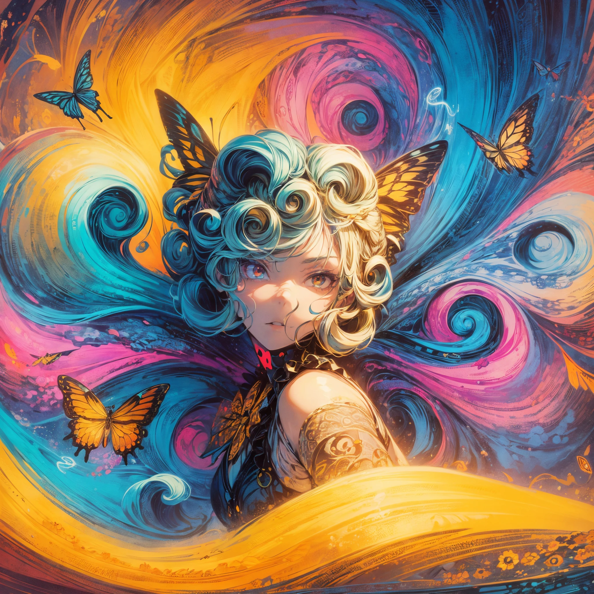 An anthropomorphic girl representing the Lorentz equation's strange attractor, with butterfly wings and (swirling hairstyle:1.5) à la Kim Novak in "Vertigo" set against a vibrant flow of colors.