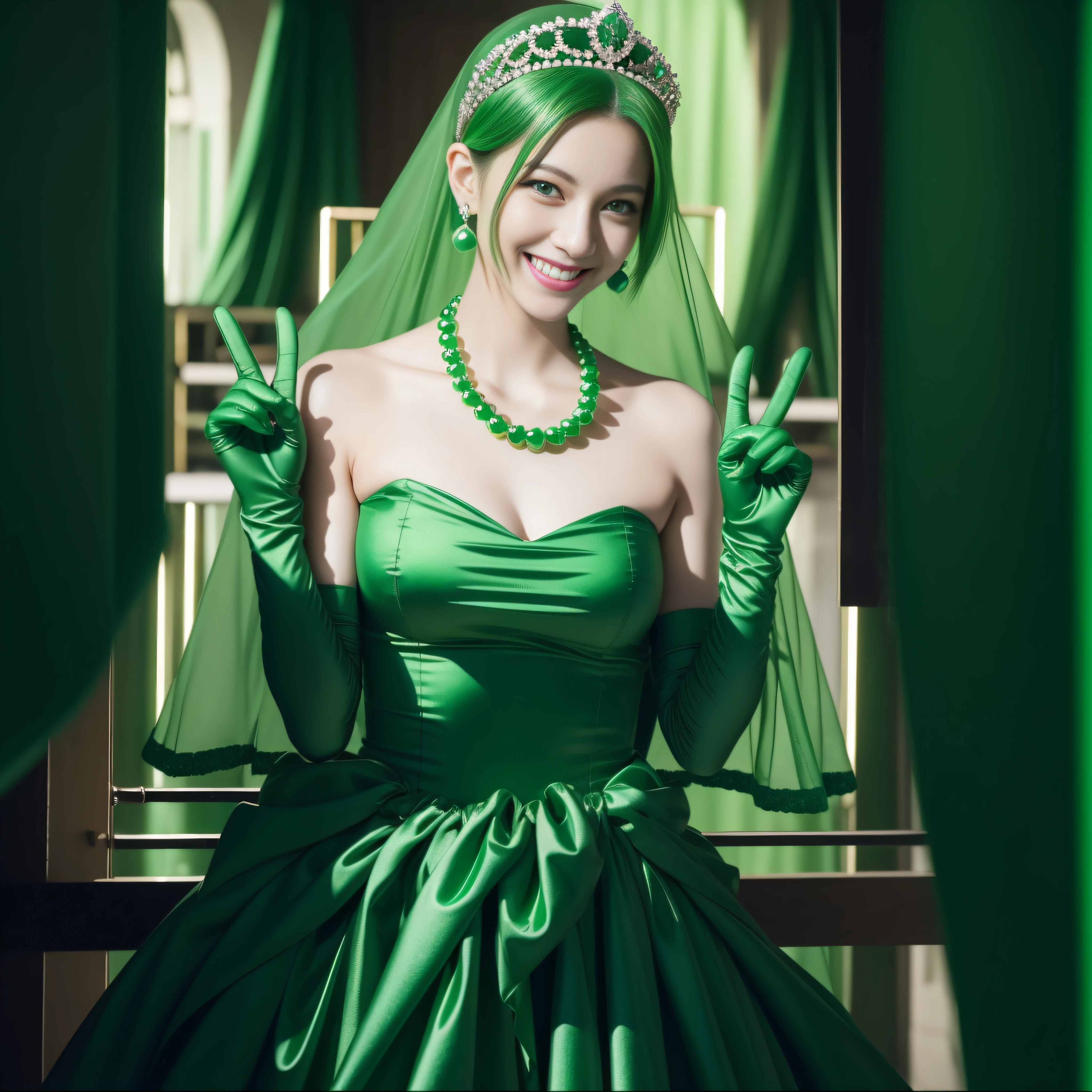 emerald tiara, Green Pearl Necklace, Boyish very short green hair, lipsticks, Japan woman smiling, very short short hair, big breasts beautiful, Green eyes, Long green gloves made of satin material, Green eyes, v sign,V-sign with both hands, Emerald Earrings, Green hair