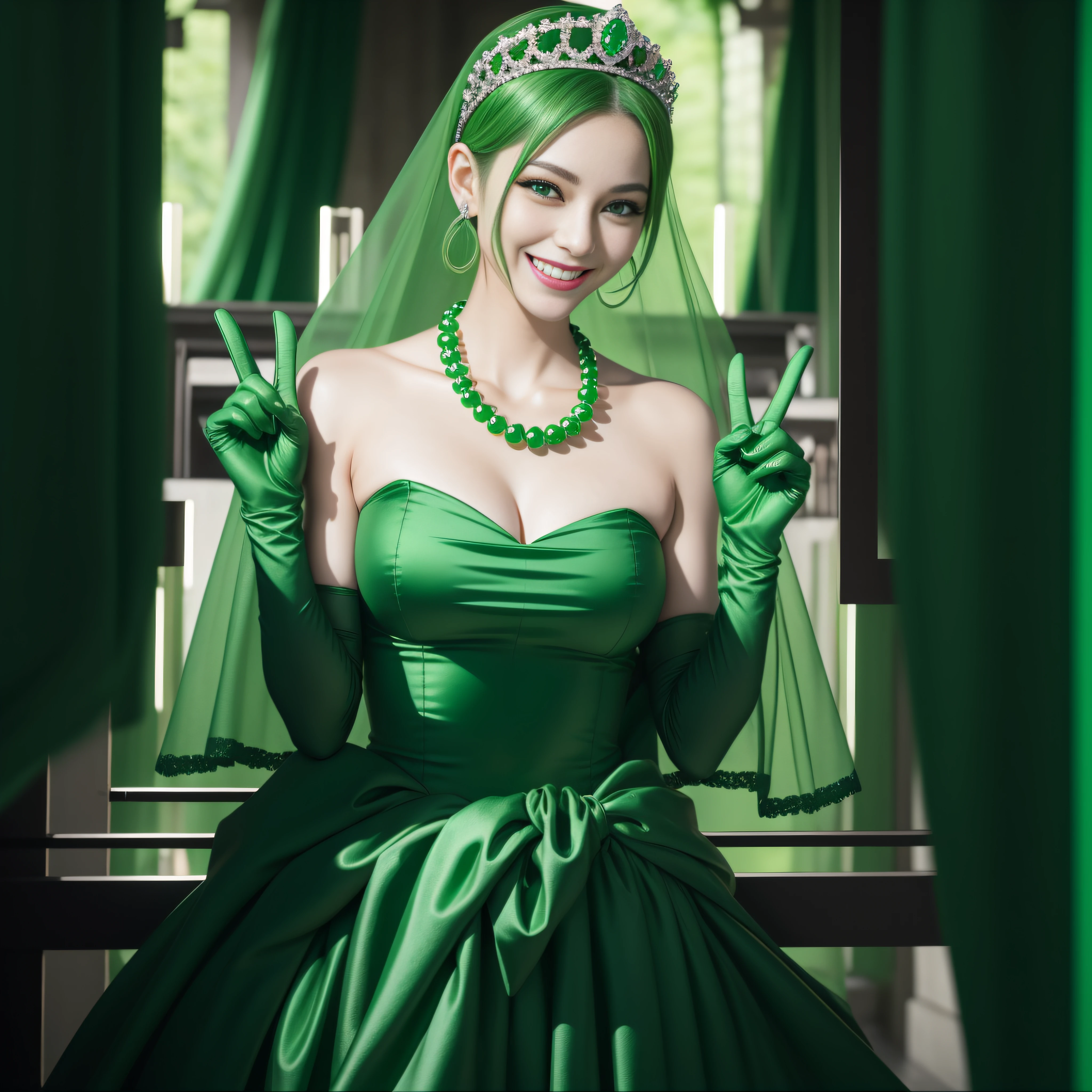 emerald tiara, Green Pearl Necklace, Boyish very short green hair, lipsticks, Japan woman smiling, very short short hair, big breasts beautiful, Green eyes, Long green gloves made of satin material, Green eyes, v sign,V-sign with both hands, Emerald Earrings, Green hair