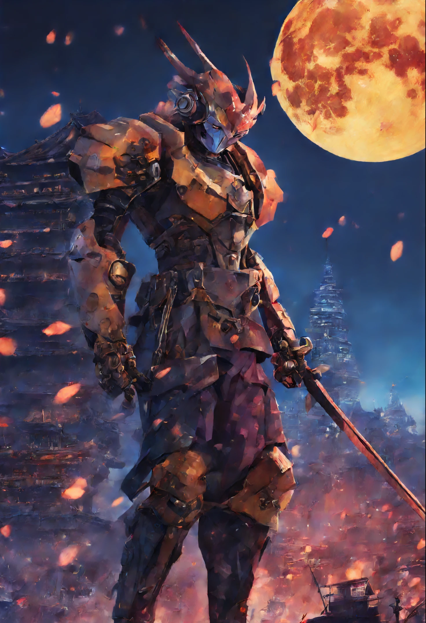 (((theatrical))), (((Gritty))), (((drastic)))) Movie poster features a Anime robot, blue character, on top of the temple, in front of a giant full moon, holding a katana sword in a dragon sheath, the sword has fire, Stocky, as central character. She stands confidently in the center of the poster, wearing a stylish and edgy outfit，The look on his face was determined. Background dark and gritty, with a sense of danger and intensity. Text bold and eye-catching, Plus catchy slogans，Adds to the overall drama and excitement. The color palette dominated by dark colors, Dotted with bright colors, Give posters dynamic visual impact, standing drawing magazine:1.3), (Cover type:1.3), stylishly, sweetheart, A vibrant one, full clothing, placed in a, street frontage, Colorful, dynamic, Background with, element in, self-assured, Be expressive, fail, statement, Attachment, Majestic, coiled, Floor plan about the, Touch, Scenes, text, Overwritten, Fearless, attention-grabbing, titles, Fashionab, typeface, Catchy, titles, bigger, attention-grabbing, modern, Uptrend, Focused, fashionably, fond violet