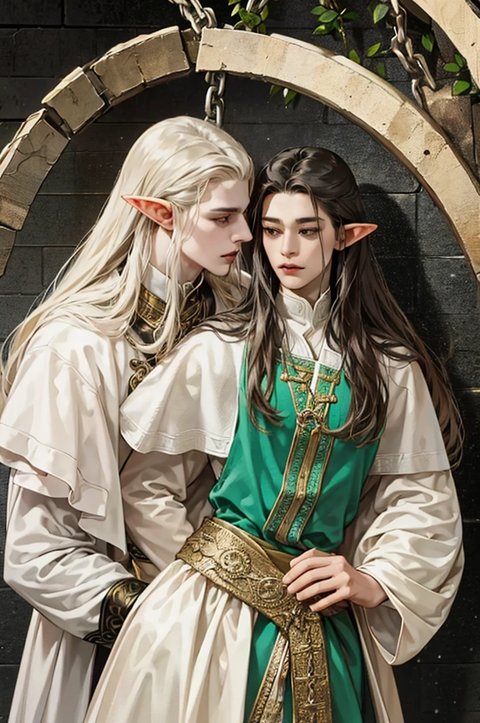 "Elves king long hair in chains, captured, a beautiful 20 year old elf king, wearing a torn dirty white robe, tied huge chains, gothic dungeon, tormented look, elaborately detailed, dramatic light, very detailed, volumetric lighting,