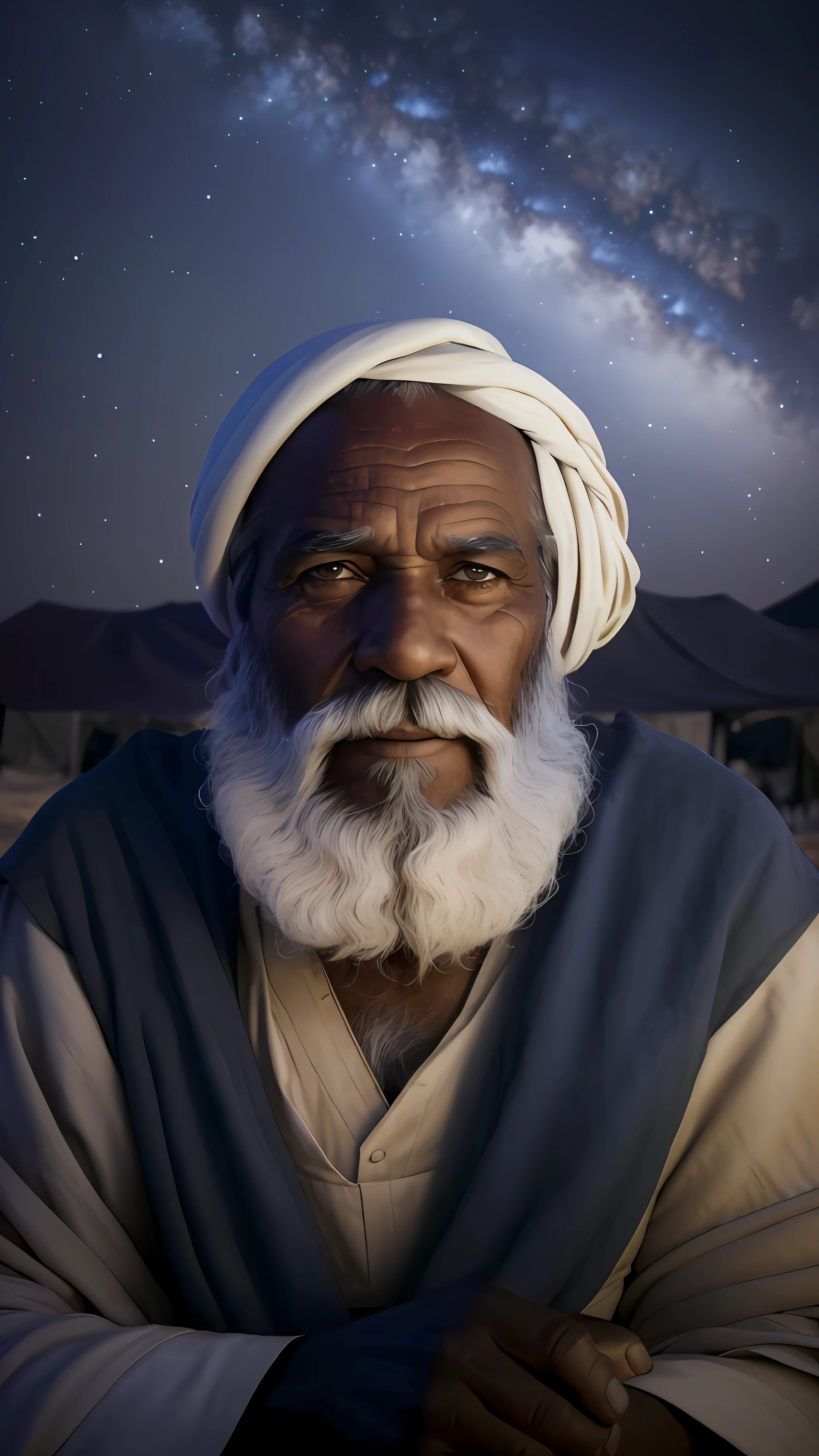 Un gros plan d&#39;un homme avec une barbe blanche et un turban blanc, Portrait of Bedouin D&D, vieil homme sage, Men arabe à barbe légère, Vereshchagin, highly detailed vfx portrait of, Image saisissante, Homme africain, Tombouctou, Homme arabe, un vieil homme, saint homme regardant le sol, Traits du visage africains, Tunique rouge, Robe rouge, symbole de croix sur le manteau --auto --s2