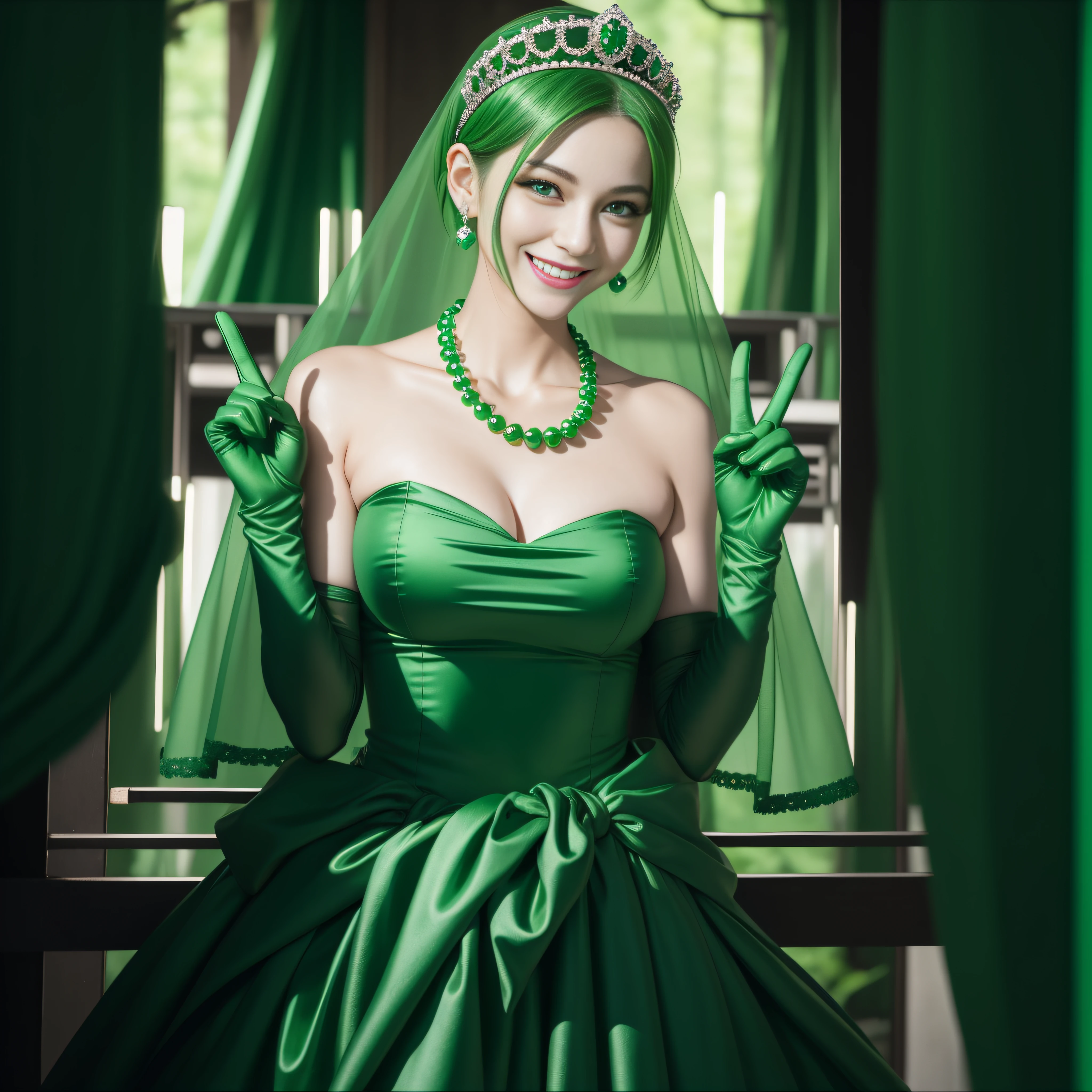 emerald tiara, Green Pearl Necklace, Boyish very short green hair, lipsticks, Japan woman smiling, very short short hair, big breasts beautiful, Green eyes, Long green gloves made of satin material, Green eyes, v sign,V-sign with both hands, Emerald Earrings, Green hair