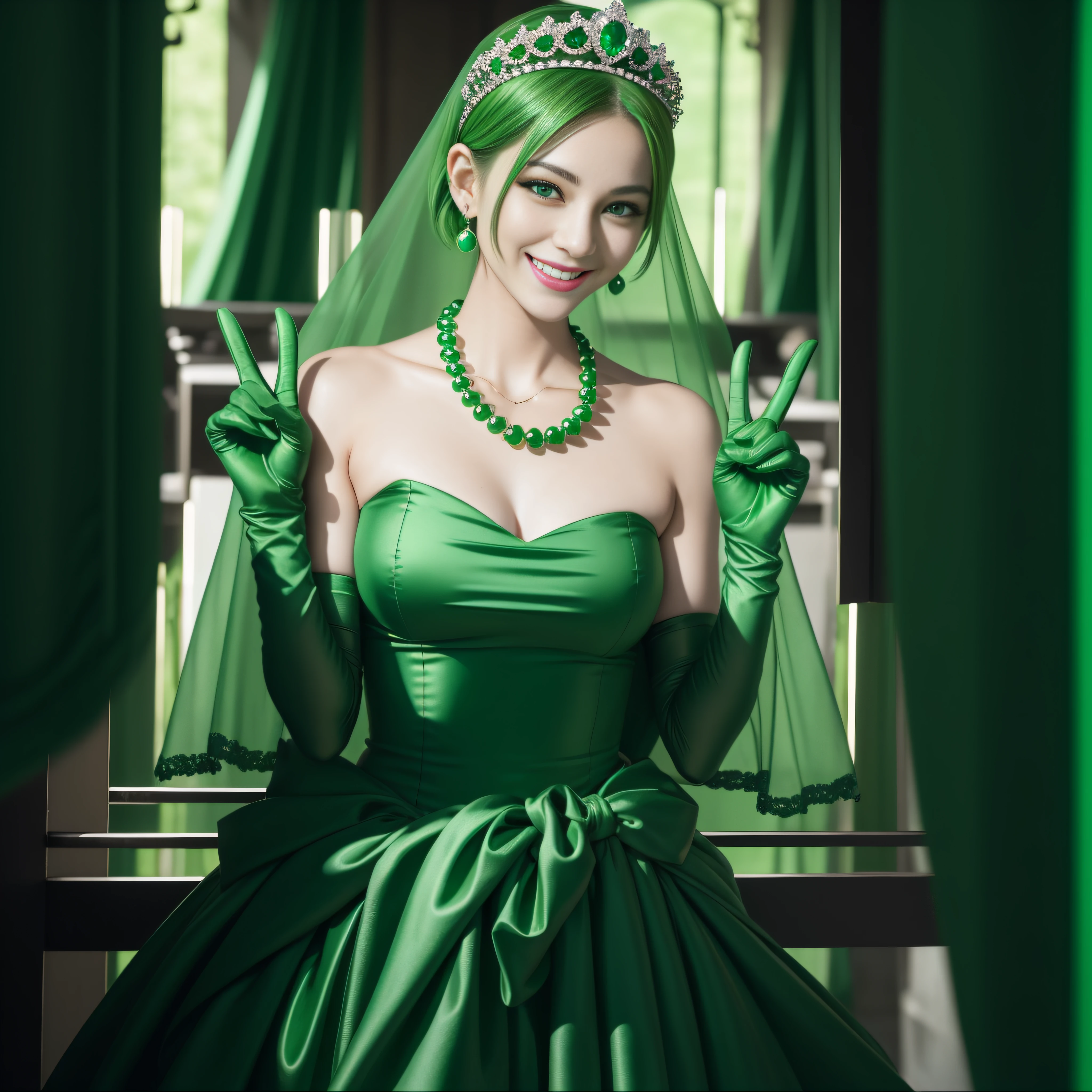 emerald tiara, Green Pearl Necklace, Boyish very short green hair, lipsticks, Japan woman smiling, very short short hair, big breasts beautiful, Green eyes, Long green gloves made of satin material, Green eyes, v sign,V-sign with both hands, Emerald Earrings, Green hair