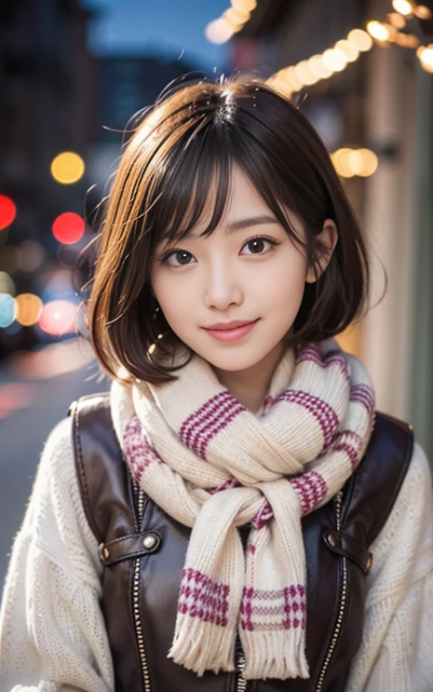 21 year old wearing cute winter clothes、Kawaii Girl、Little brown hair、Shortcut Hair、Christmas Night View、Around her、Christmas Decorations、Smiling college girl、special christmas.enjoy your time。Super Detail Face、Eye of Detail、二重まぶた、beautiful thin nose、foco nítido:1.2、prety woman:1.4、(light brown hair,short cut hair, White skin、top-quality、发光、​masterpiece、超A high resolution、(Photorealsitic:1.4)、