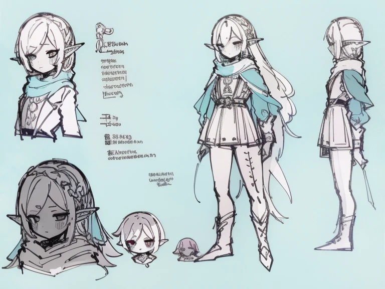 Video game character design, Drawing with Line Drawing, Multiple points of view, Best Quality,Masterpiece,hight resolution, elf, ((character concept art)), Video game character design, Detailed man with pale skin,illustartion,Realistic,Harmonious colours,natural lighting,