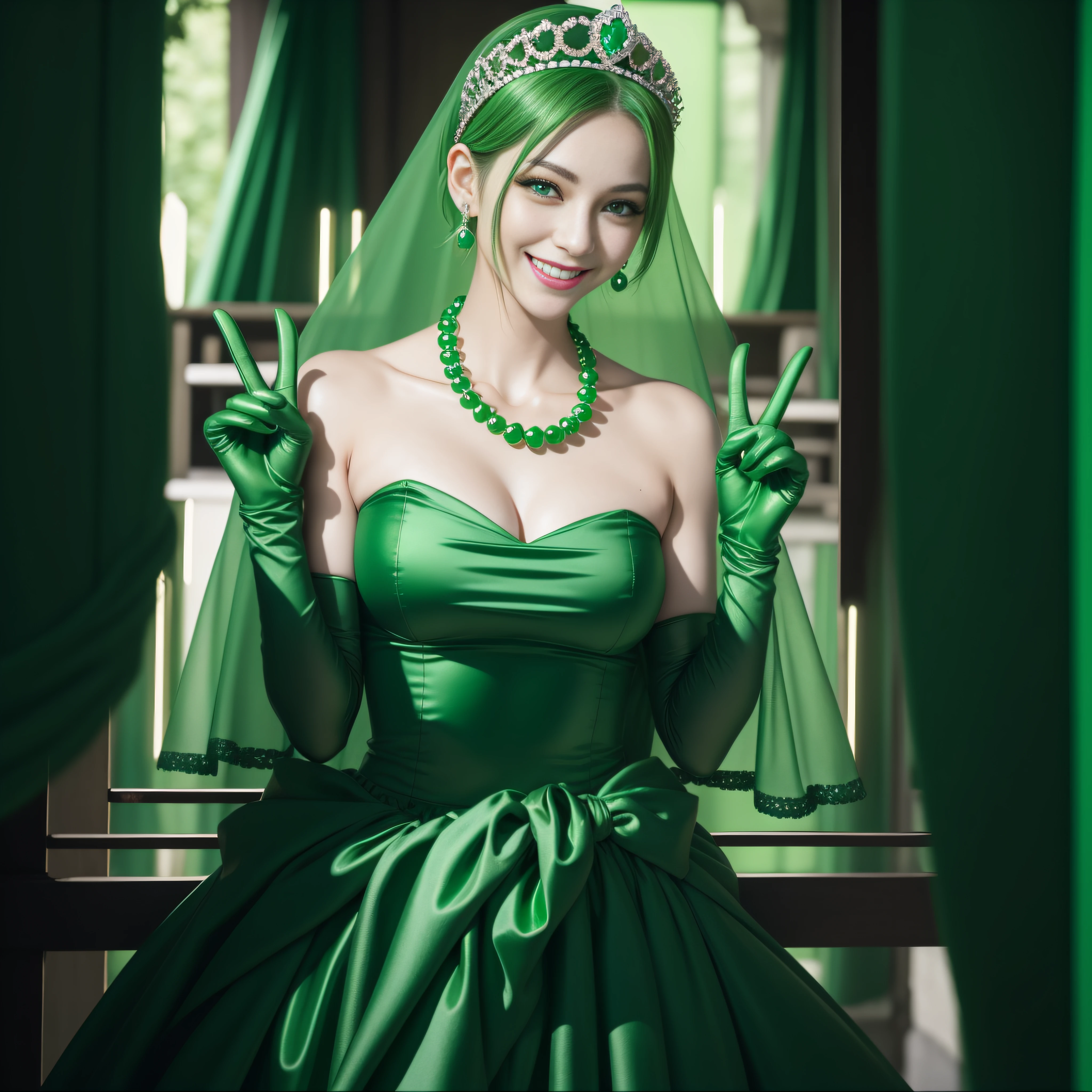 emerald tiara, Green Pearl Necklace, Boyish very short green hair, lipsticks, Japan woman smiling, very short short hair, big breasts beautiful, Green eyes, Long green gloves made of satin material, Green eyes, v sign,V-sign with both hands, Emerald Earrings, Green hair