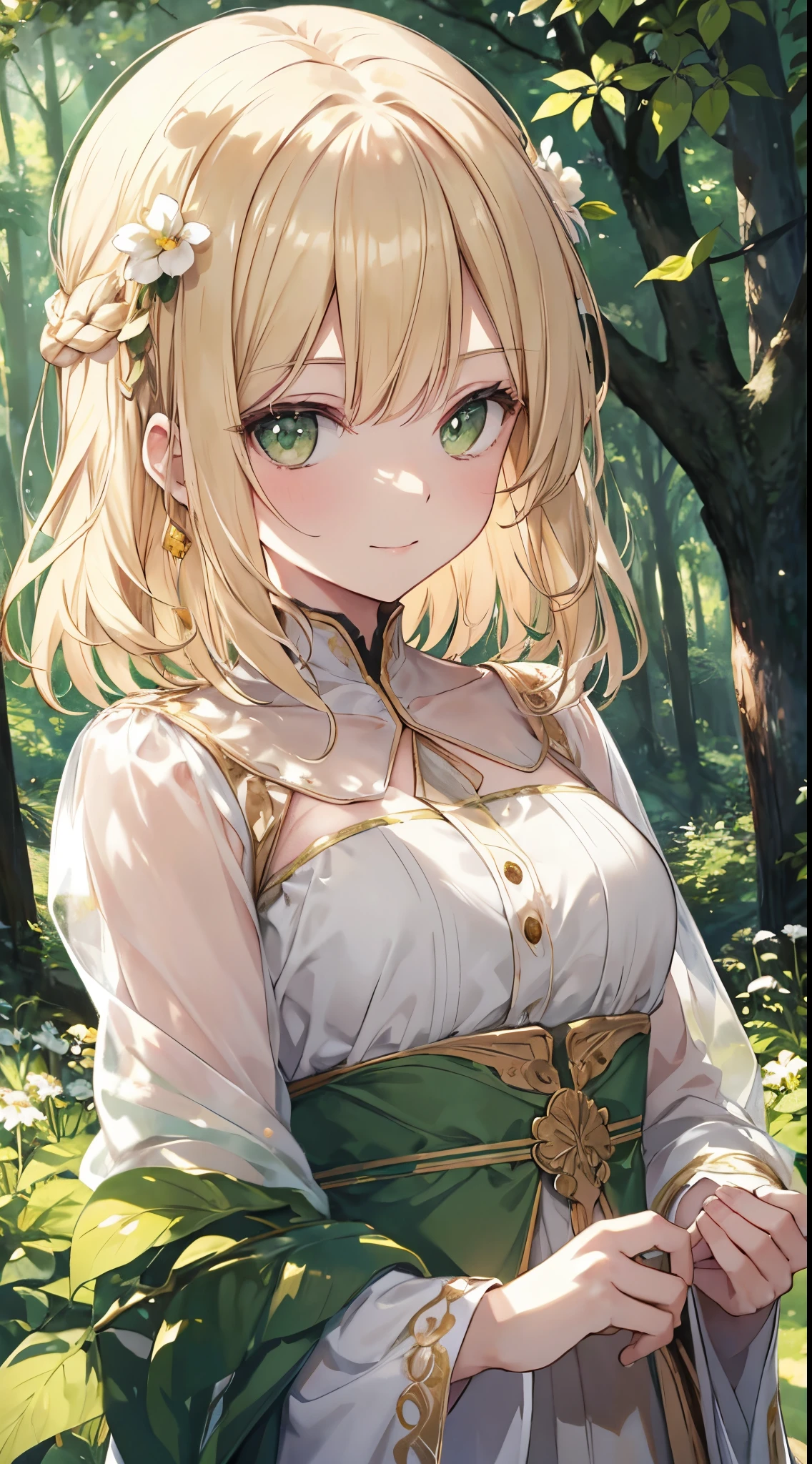 blonde hair, green eyes, royalty, medium hair, fit body, dynamic angle, forest background, princess, gentle, elegant, poised, flower hairpin, smiling [masterpiece, ultra-detailed, best quality]